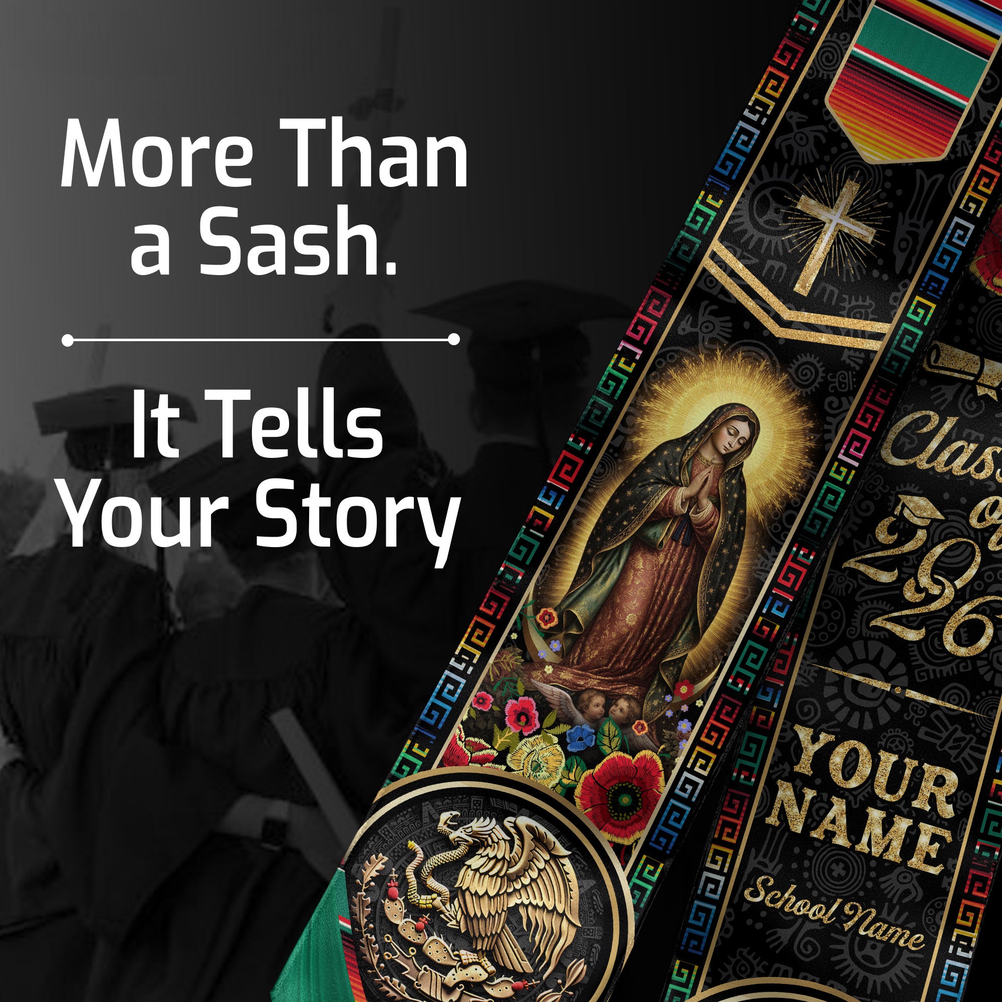 Custom Mexico USA Graduation Stole 2026 Virgin of Guadalupe Aztec Calendar Heritage Sash