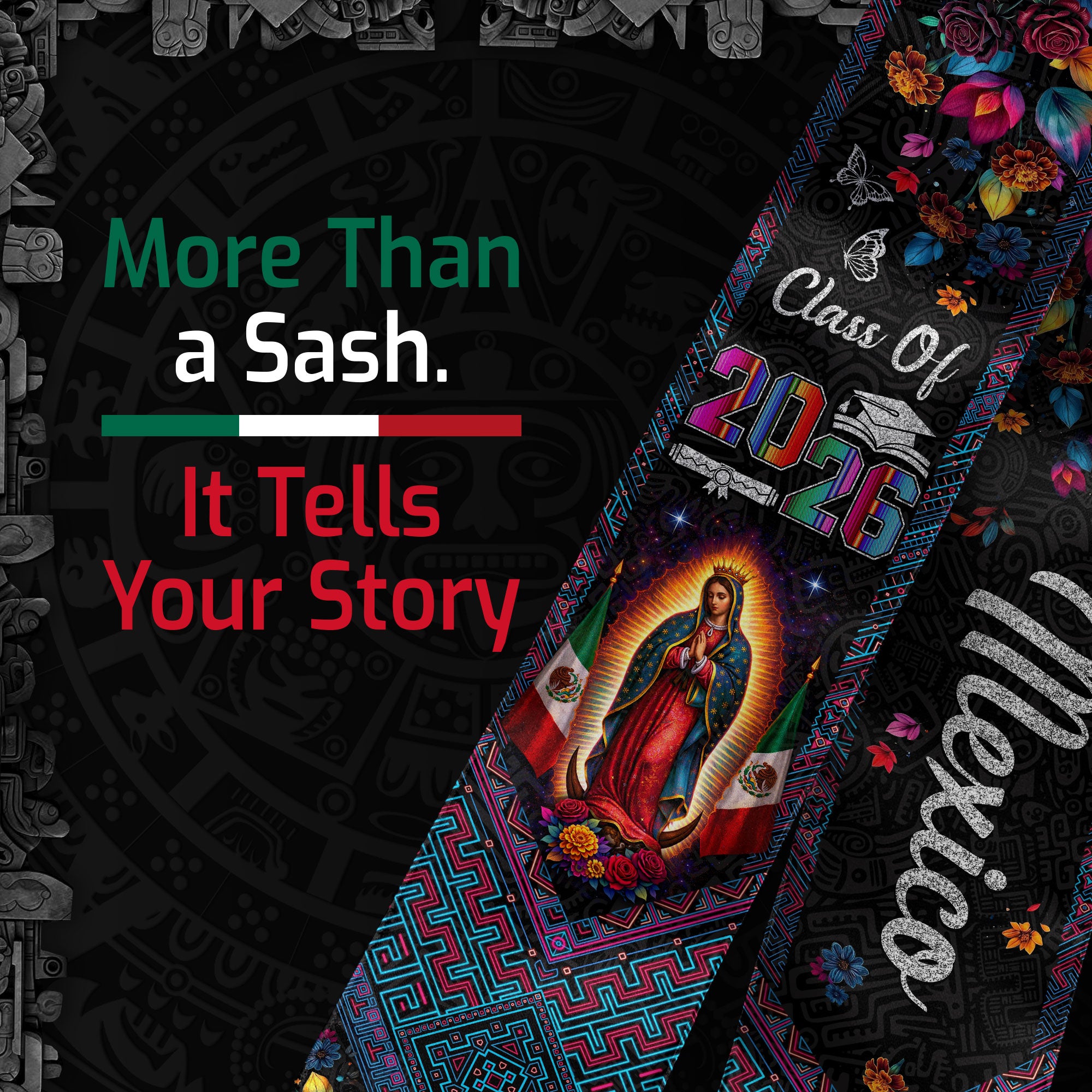 Class of 2026 Mexico Graduation Stole Virgin Guadalupe Floral Cultural Kente Sash