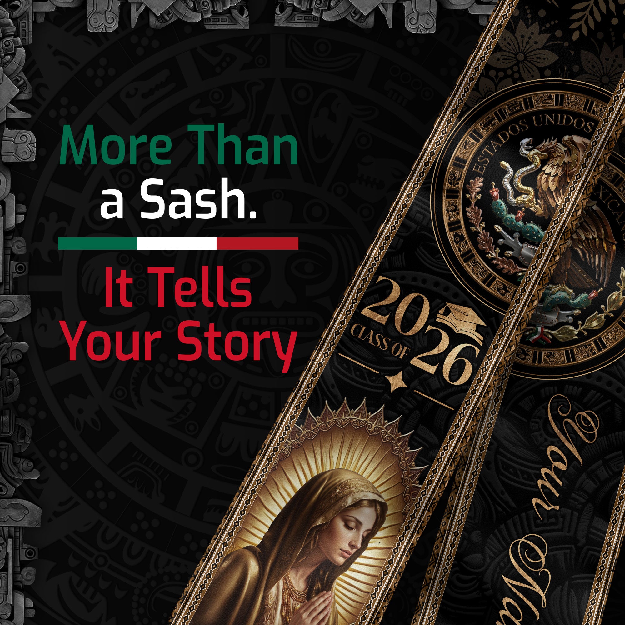 Custom Mexican Graduation Stole 2026 Virgin Mary Gold Eagle Heritage Black Luxury Sash