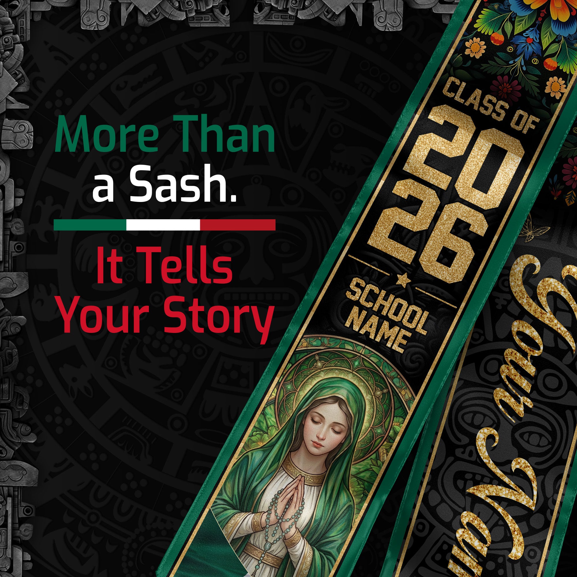 Personalized Mexico Flag Graduation Stole 2026 Our Lady of Guadalupe Floral Kente Sash