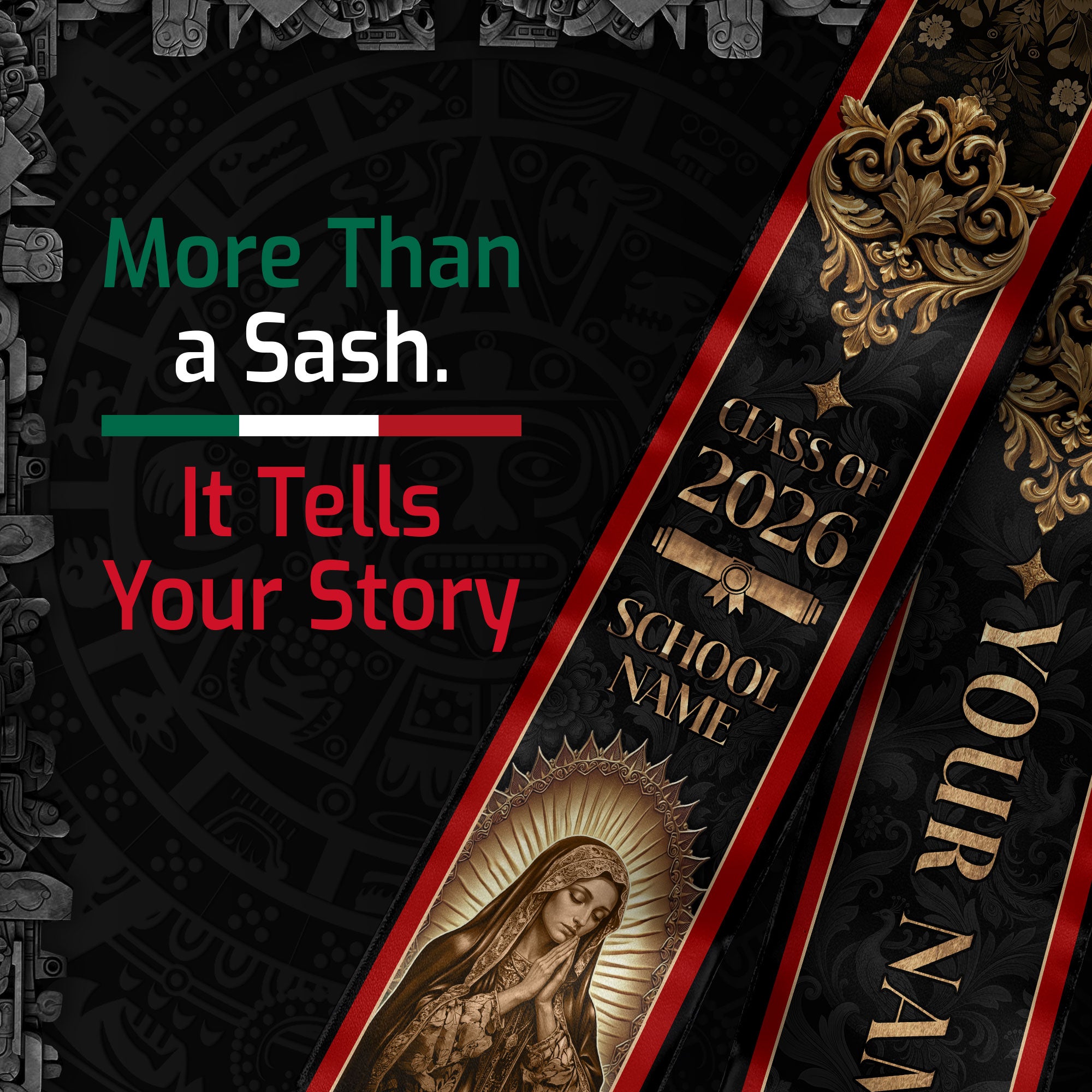 Personalized Mexico Flag Graduation Stole 2026 Our Lady of Guadalupe Gold Baroque Sash