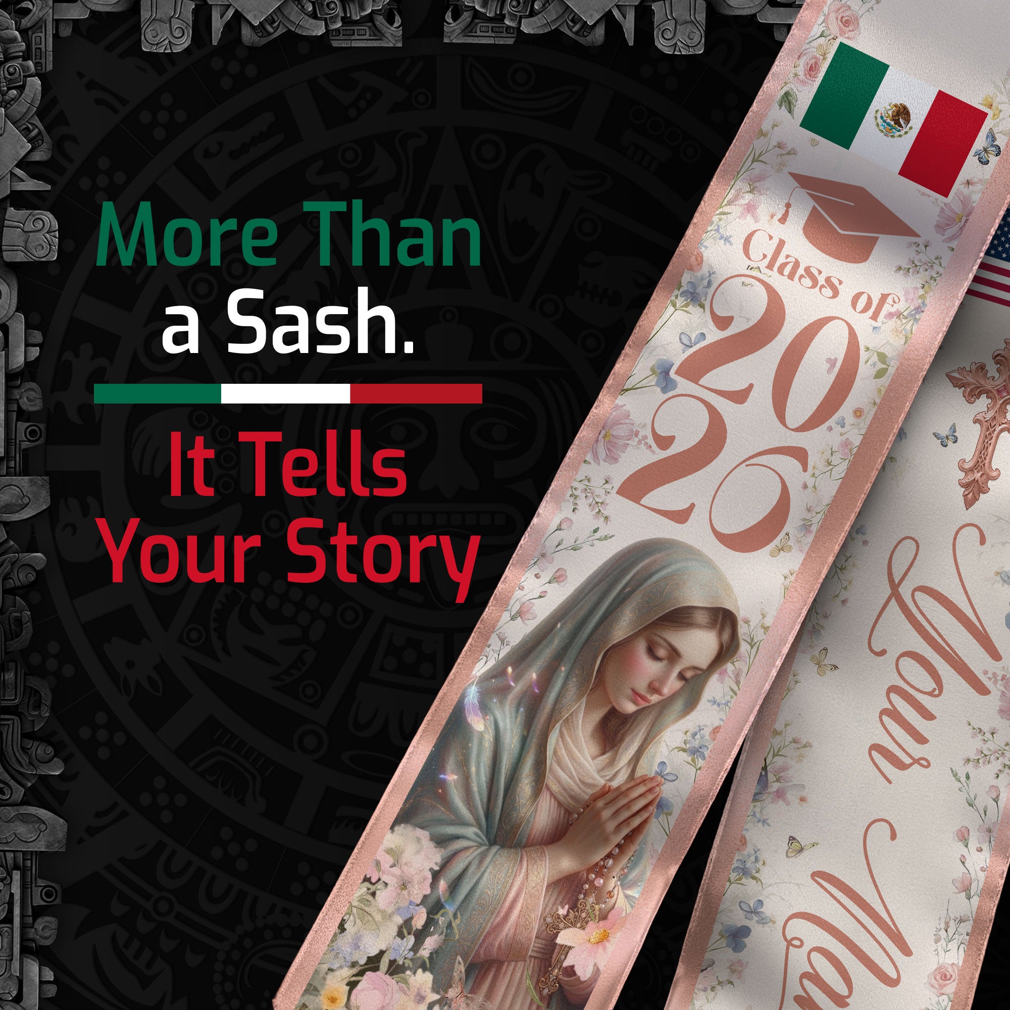 Custom Mexican American Graduation Stole 2026 Virgin Mary Floral Mexico USA Flag Sash