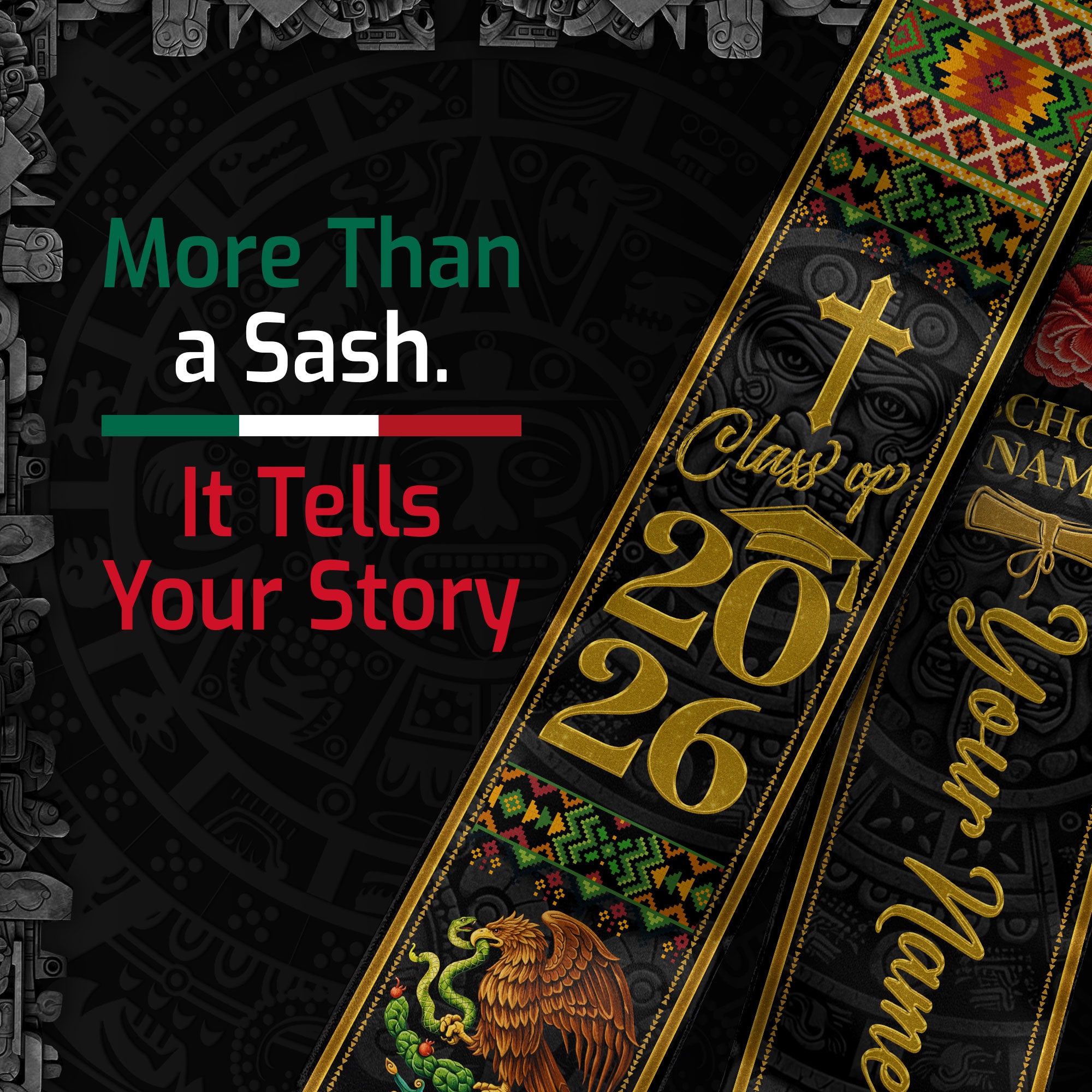 Custom Name Mexican Graduation Stole 2026 - Our Lady of Guadalupe & Eagle Heritage Sash