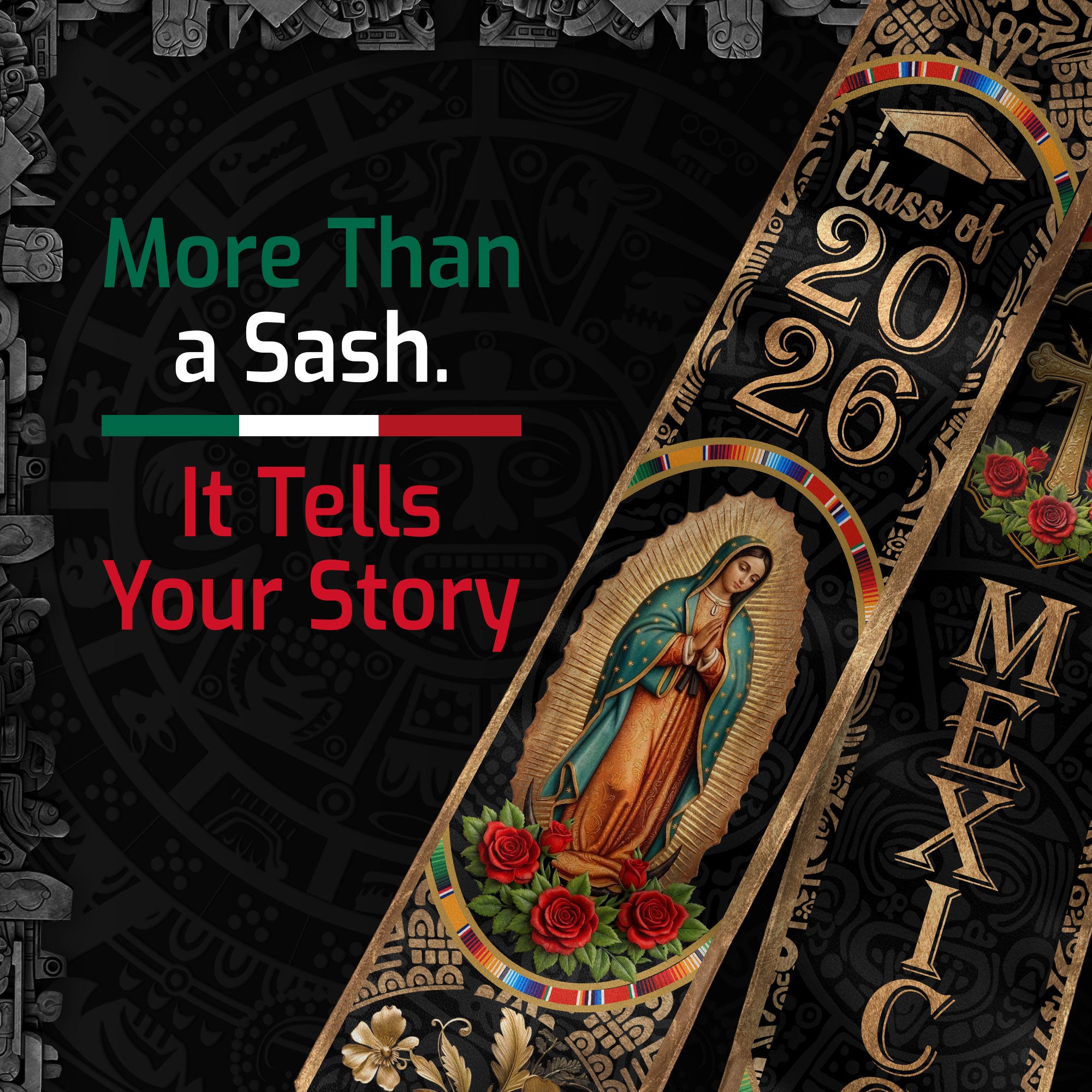 Mexican Graduation Stole Class of 2026 - Black Gold Mexican Heritage Sash Gift