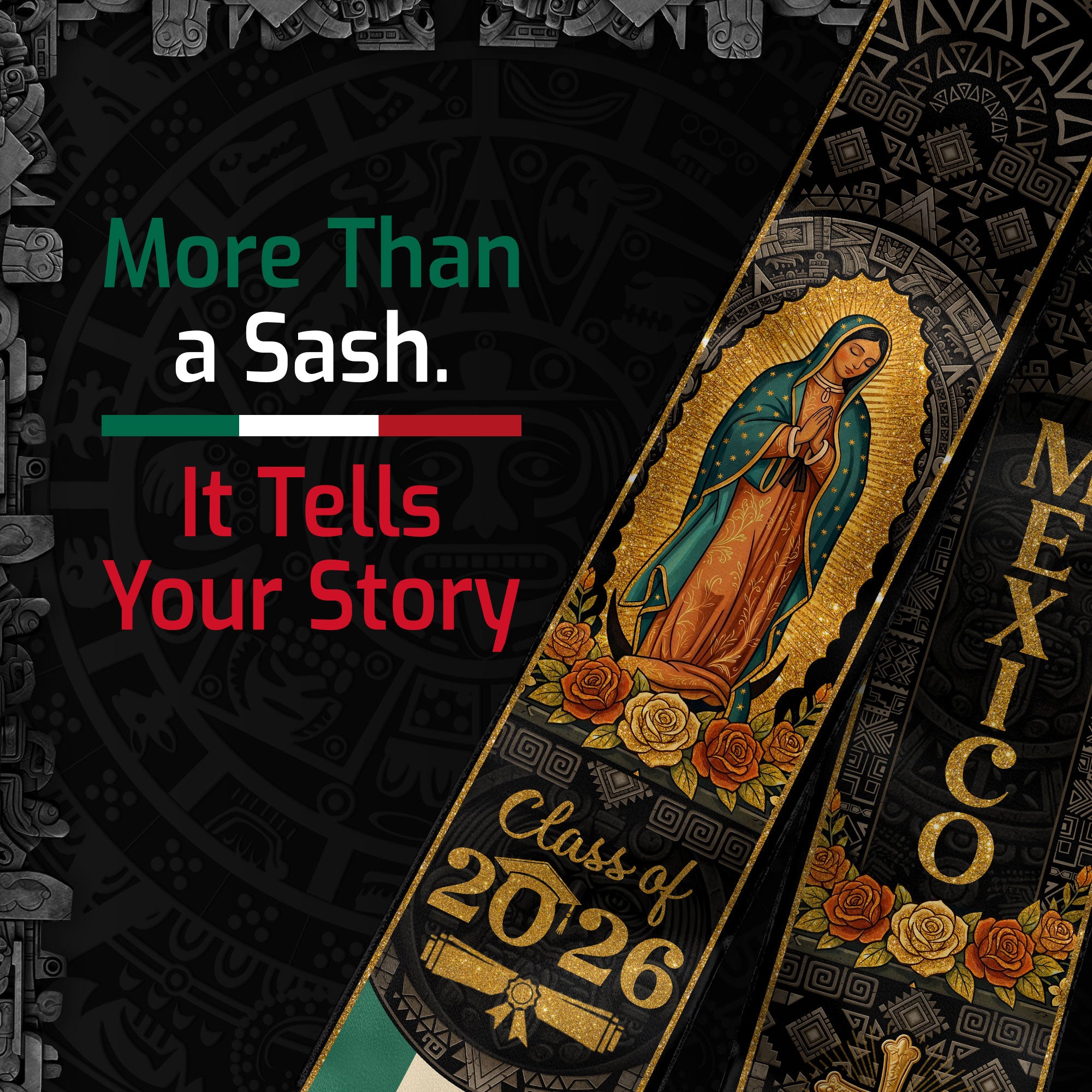 Our Lady of Guadalupe Graduation Stole 2026 - Aztec Sun Stone Mexico Heritage Sash