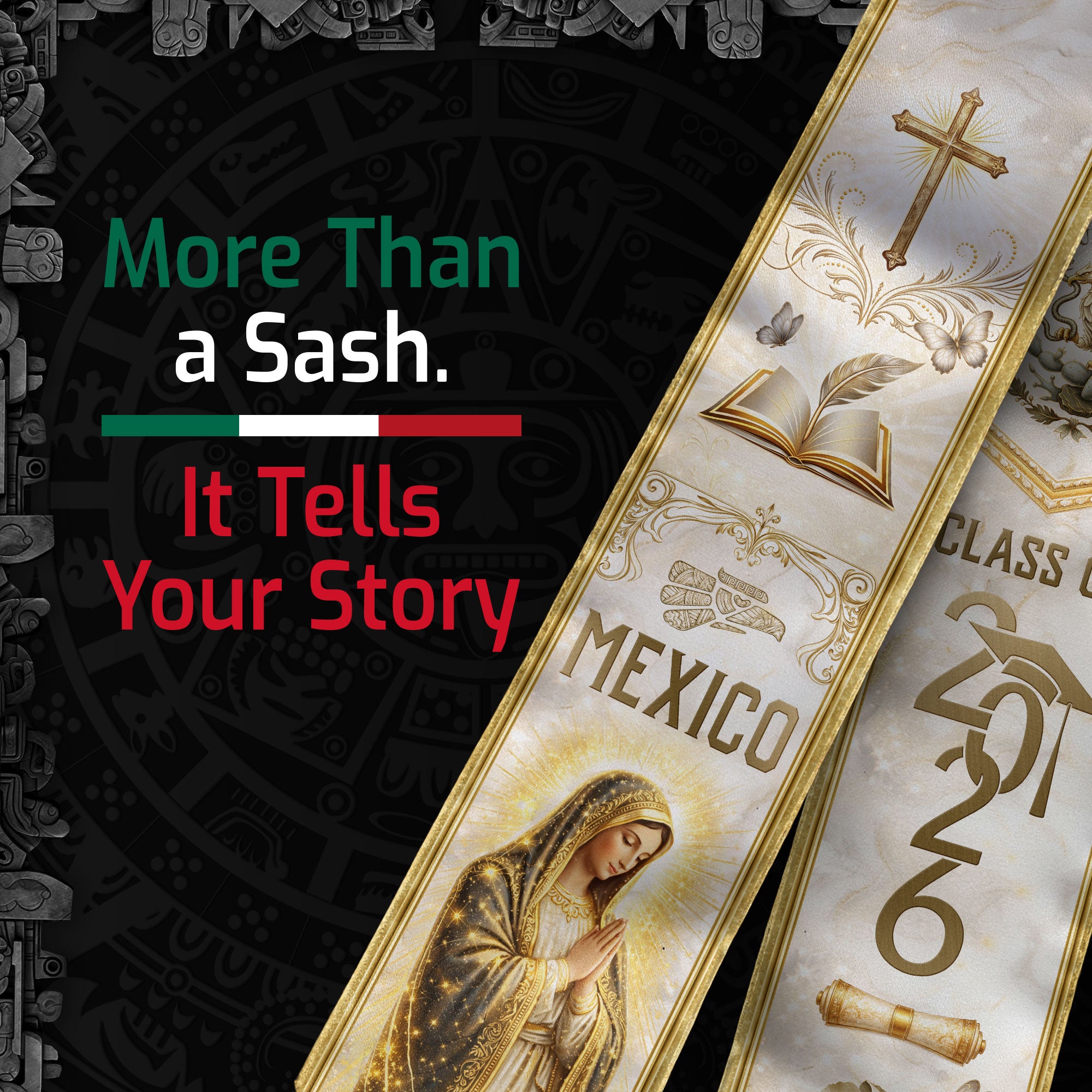 Class of 2026 Mexican Graduation Stole - Virgin Mary & Knowledge Gold Sash