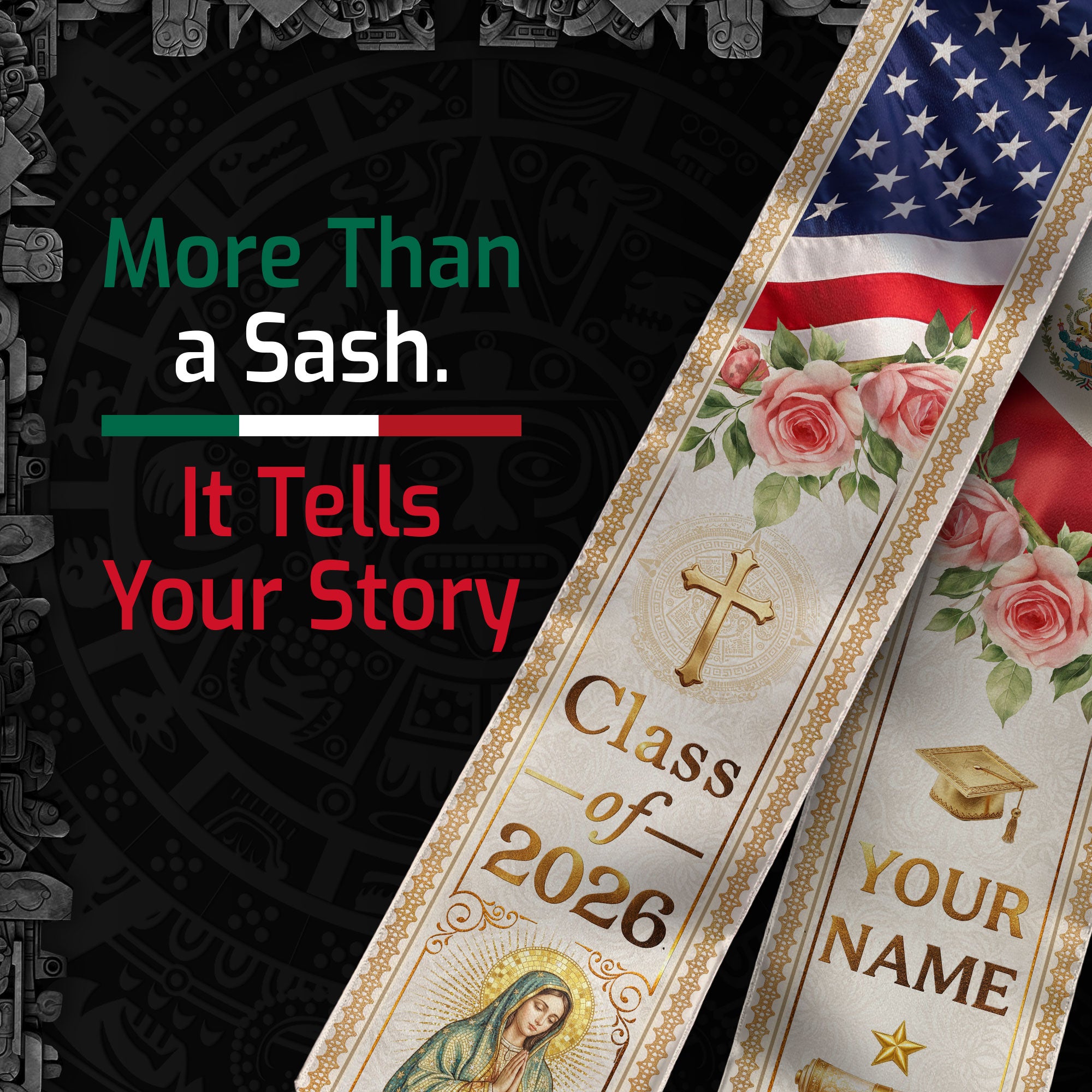 Custom Mexican Graduation Stole 2026 Virgin Mary Aztec Eagle Name School Sash