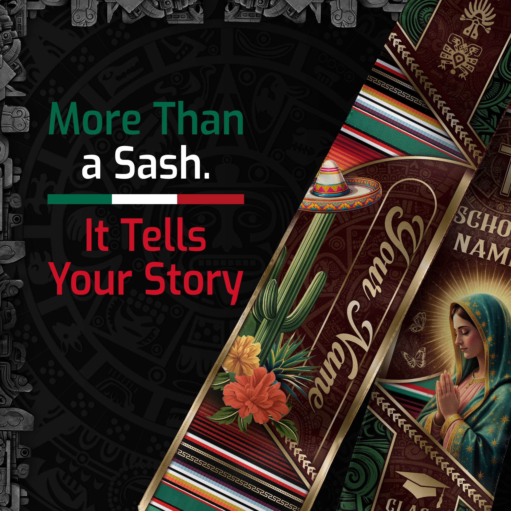 Custom Mexican Graduation Stole 2026 Virgin Mary Cactus Sombrero Name School Sash