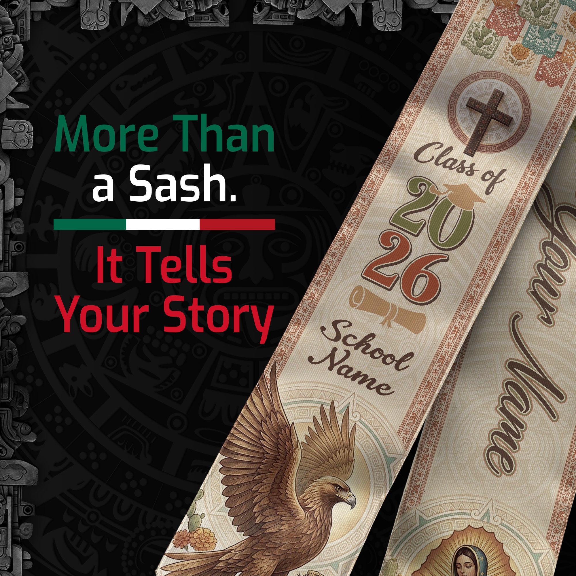 Custom Mexico Graduation Stole 2026 - Our Lady of Guadalupe & Eagle Heritage Sash