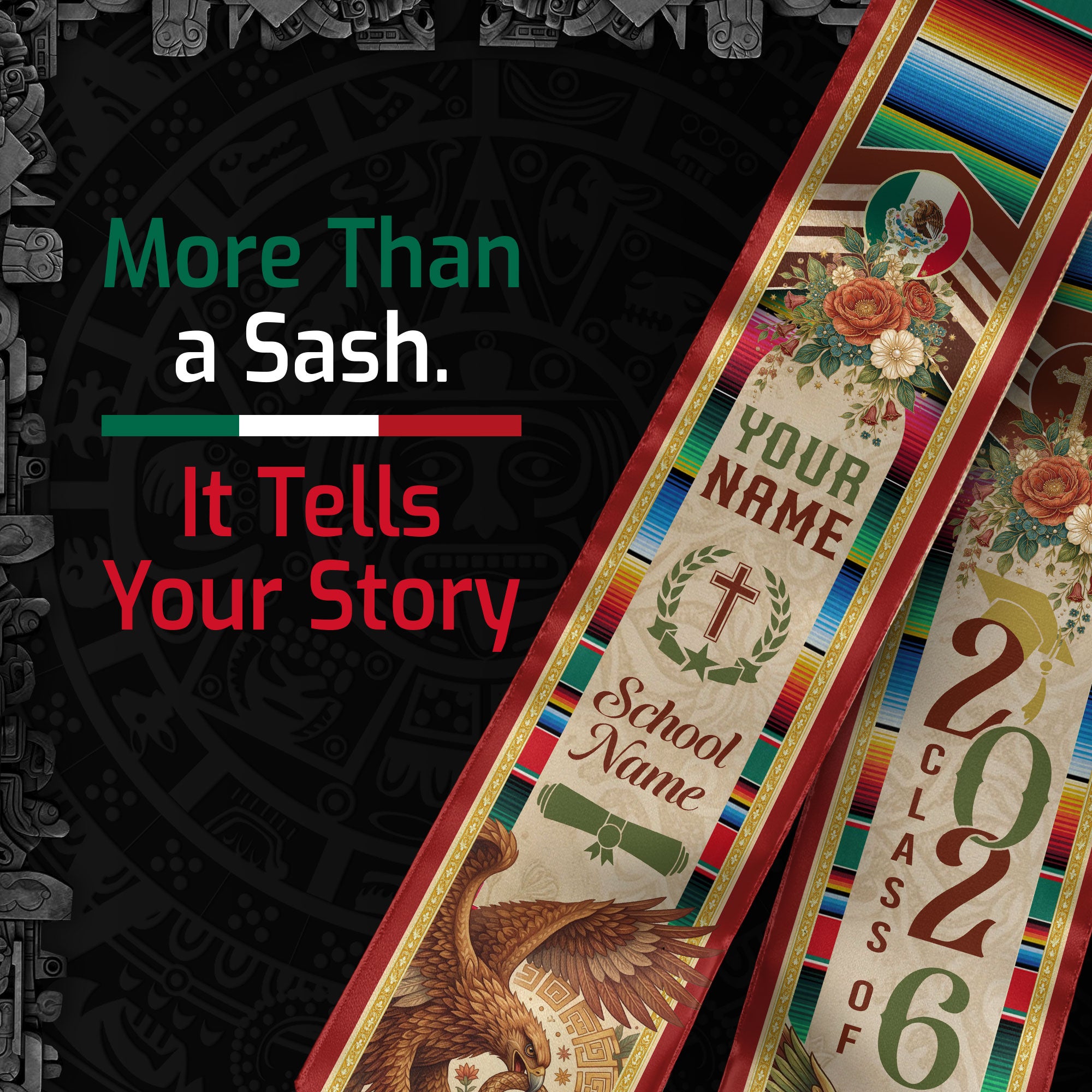 Custom Mexico Graduation Stole 2026 - Quetzalcoatl Aztec & Mexican Eagle Heritage Sash