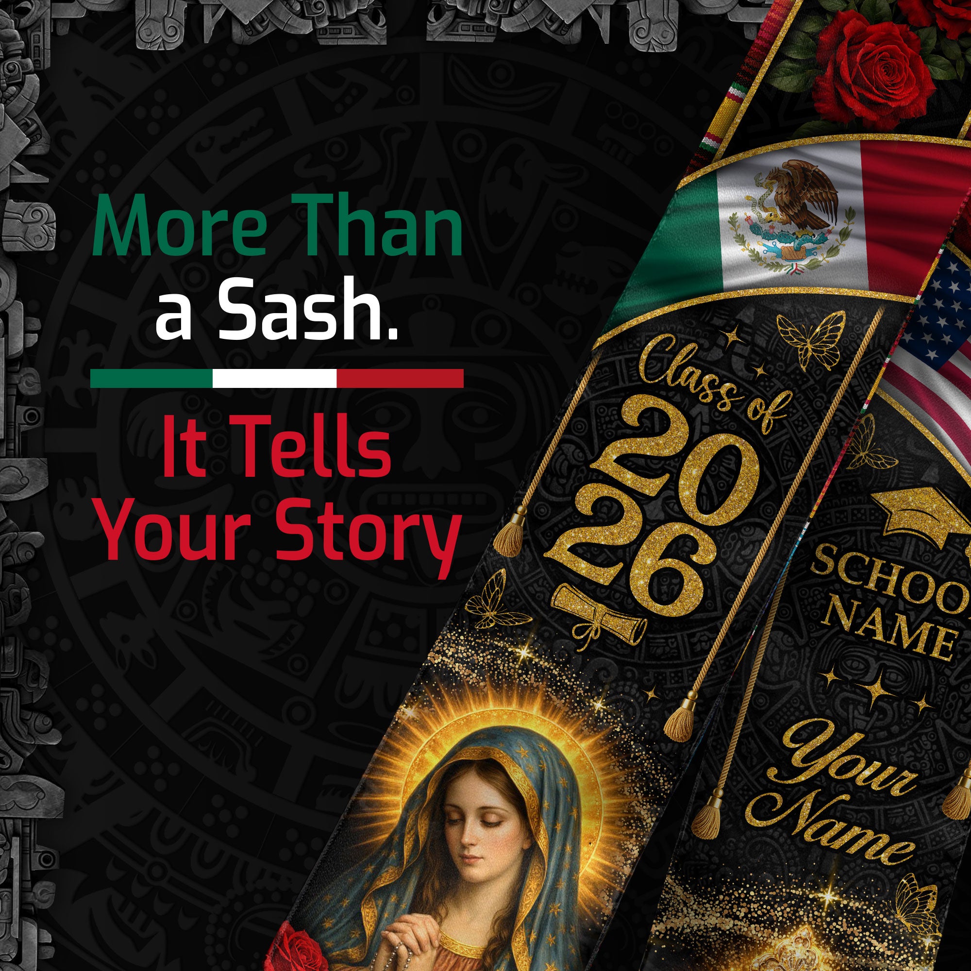 Custom Mexico Graduation Stole Class of 2026 Virgin Mary Cross Mexican Flag Sash