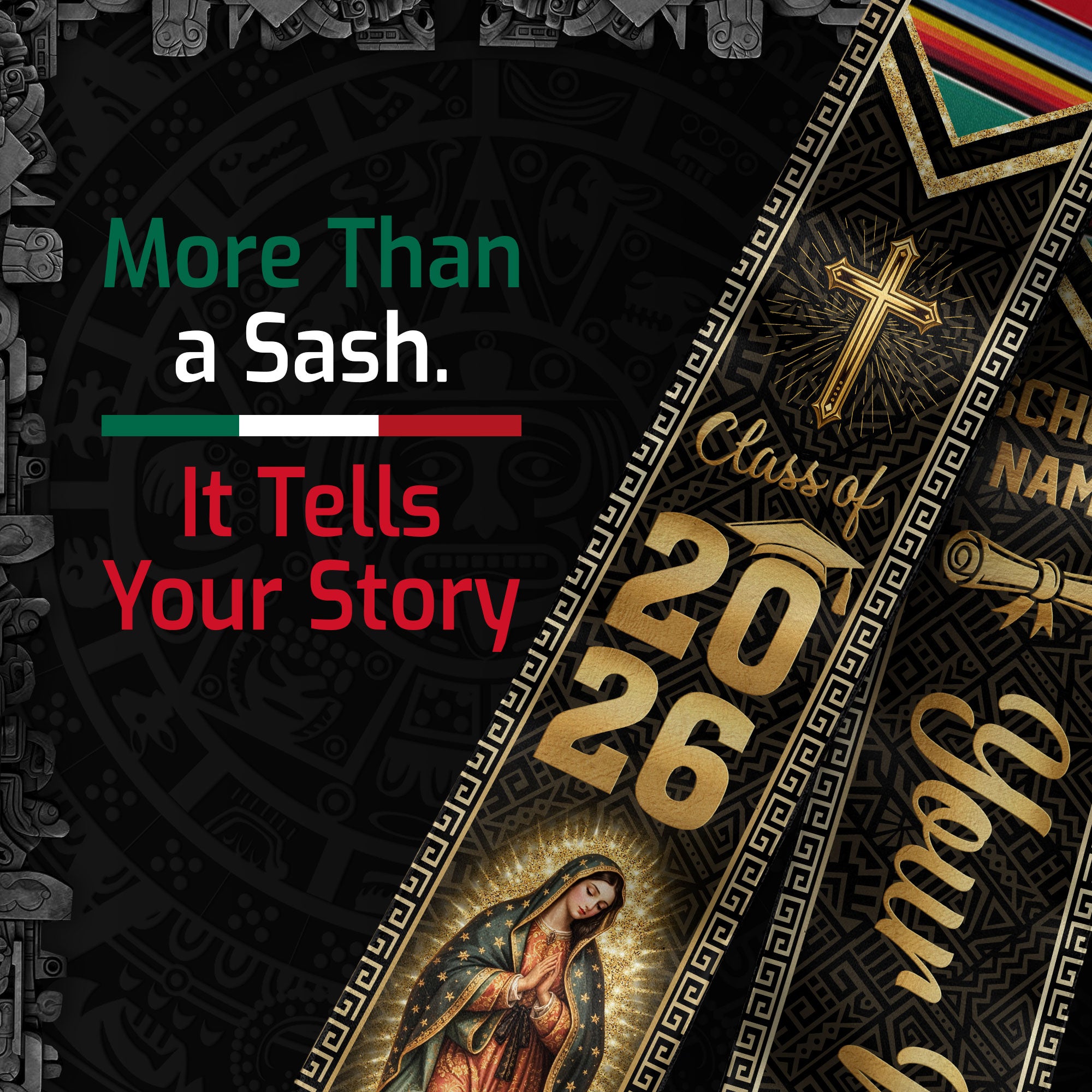 Mexico USA Graduation Stole Class of 2026 - Personalized Serape Heritage Gold Sash