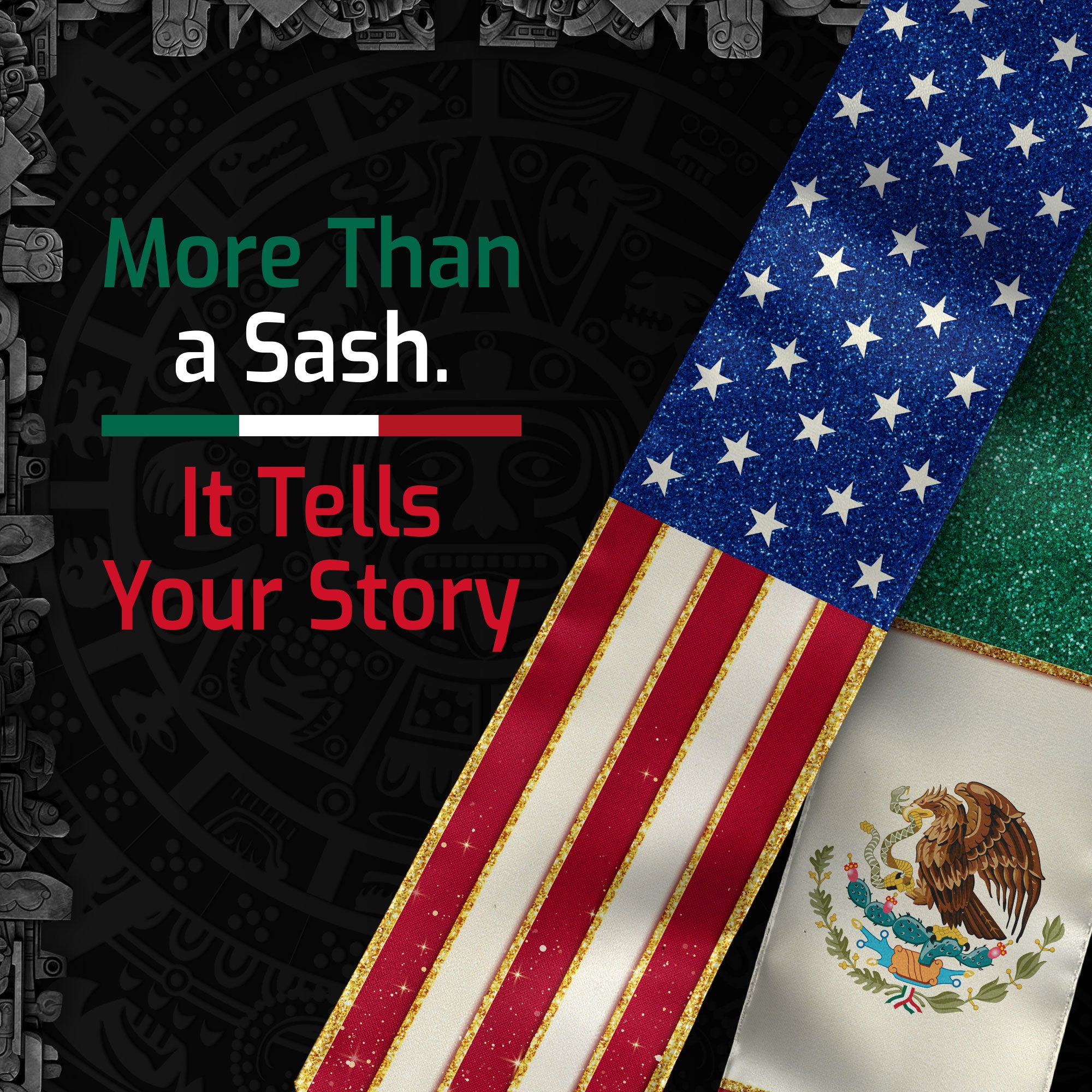 Mexico USA Dual Flag Graduation Stole Glitter Heritage Tassel Sash Gift