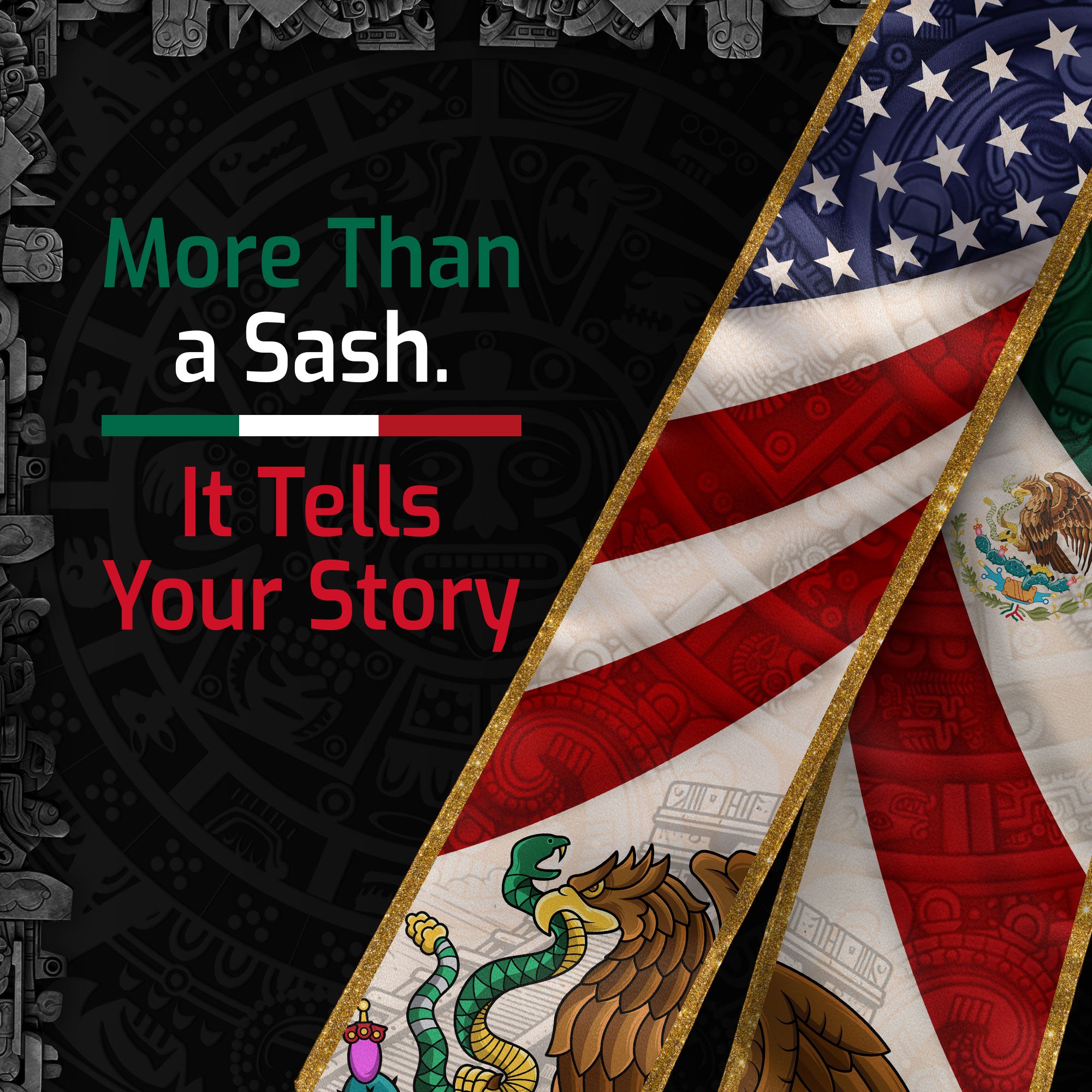Mexican American Graduation Stole - Mexico USA Flag Sash Aztec Eagle Heritage