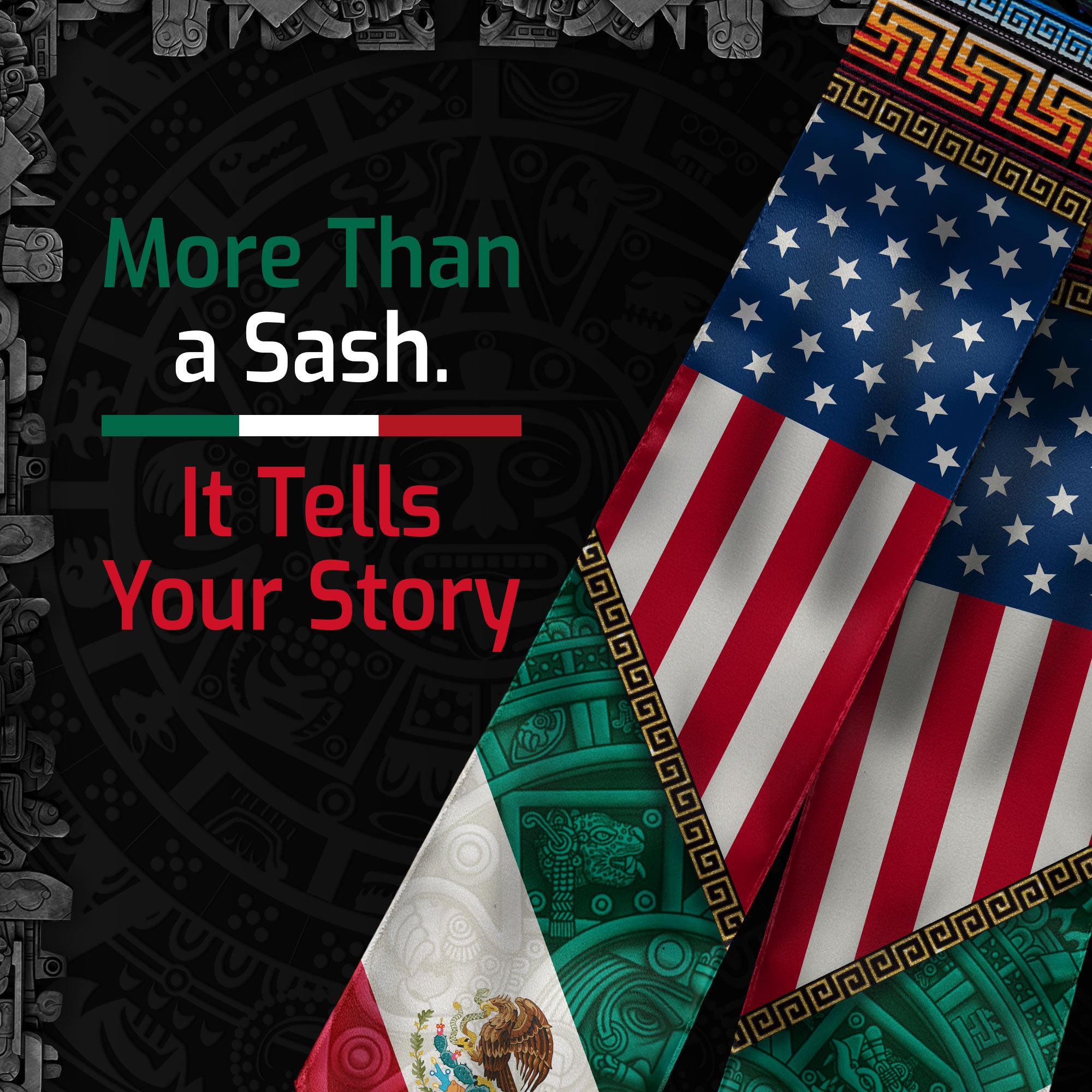 Mexico USA Flag Graduation Stole - Aztec Pattern Mexican American Heritage Sash