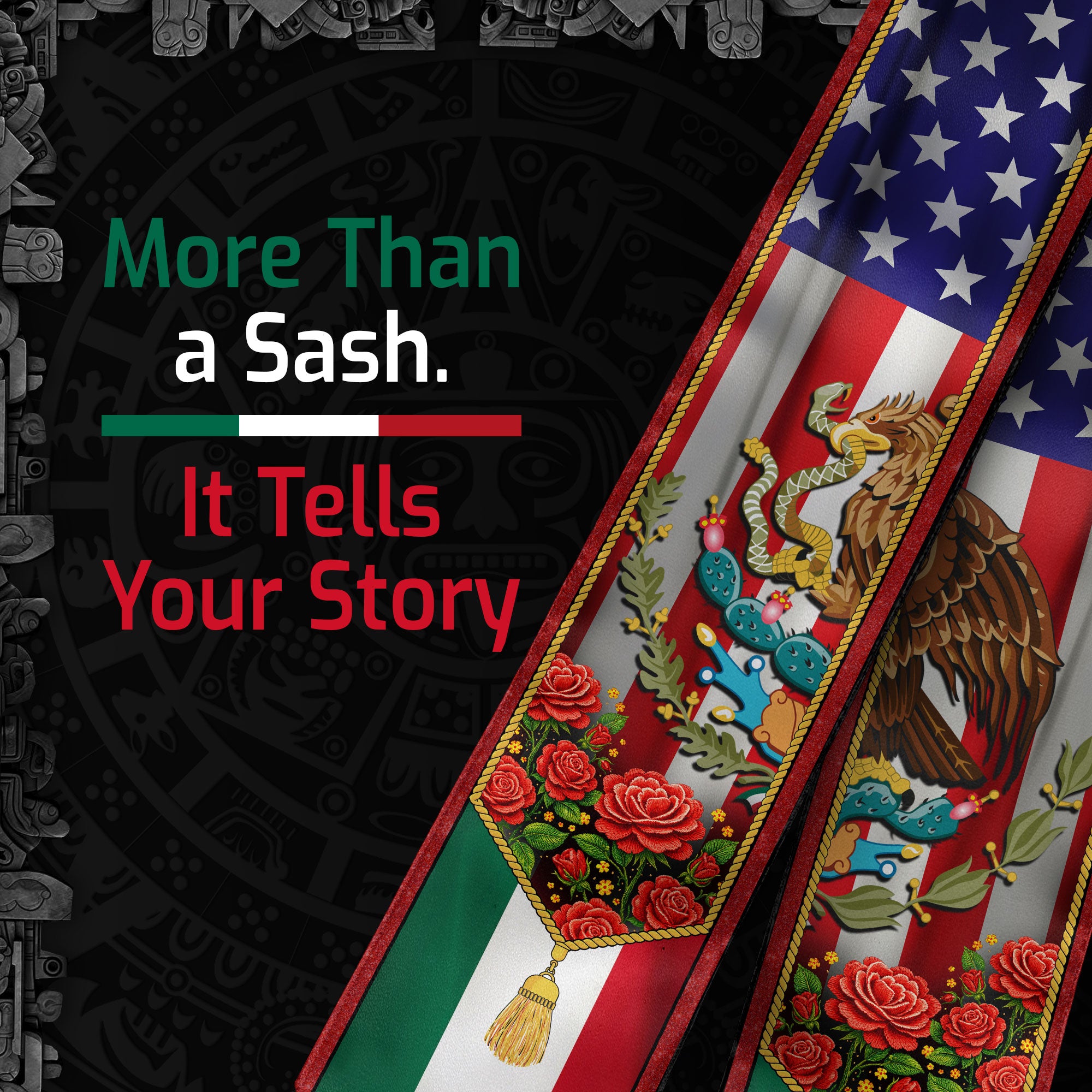 Mexico USA Flag Graduation Stole - Mexican American Heritage Eagle Red Rose Sash