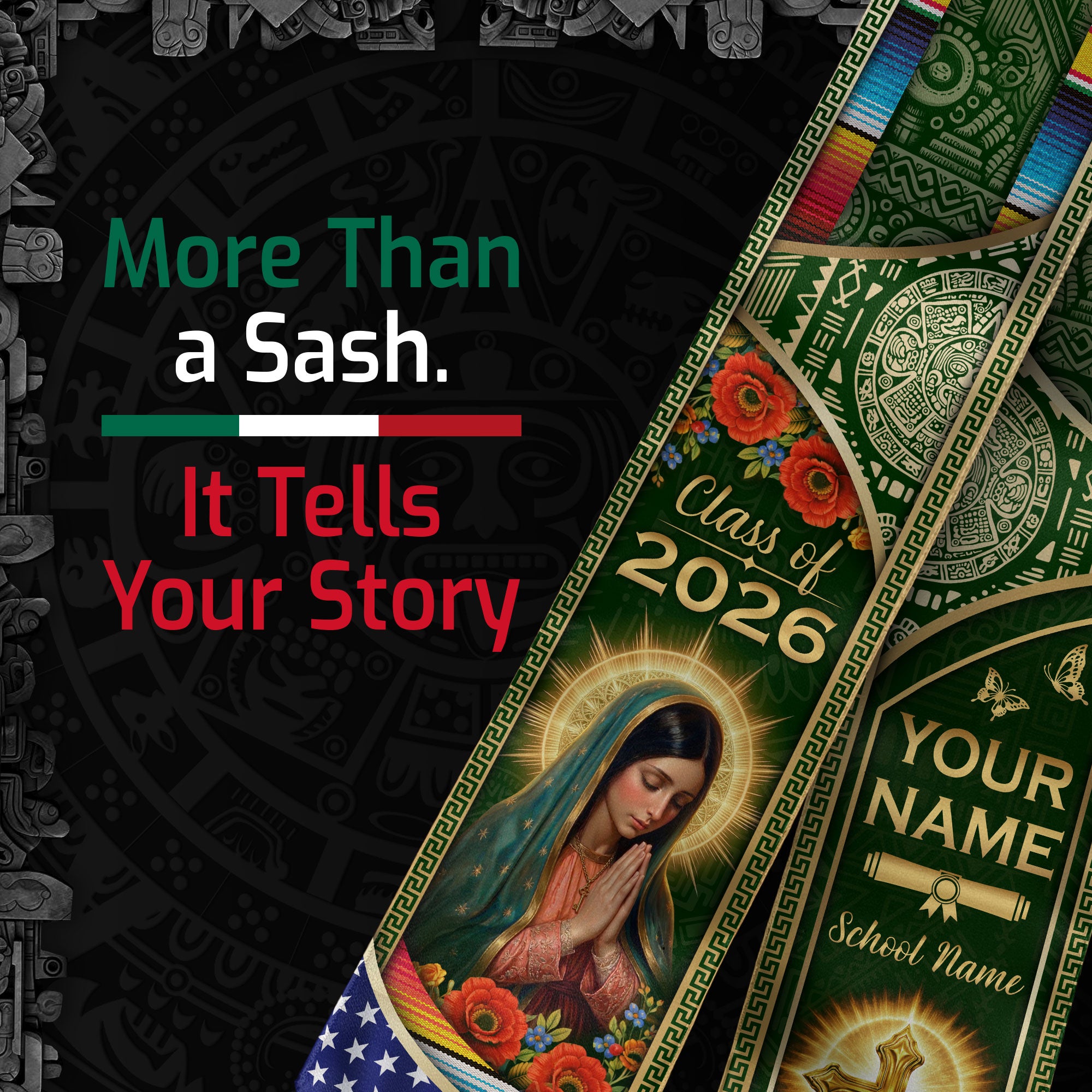Custom Mexico USA Flag Graduation Stole 2026 Virgin Mary Heritage Sash