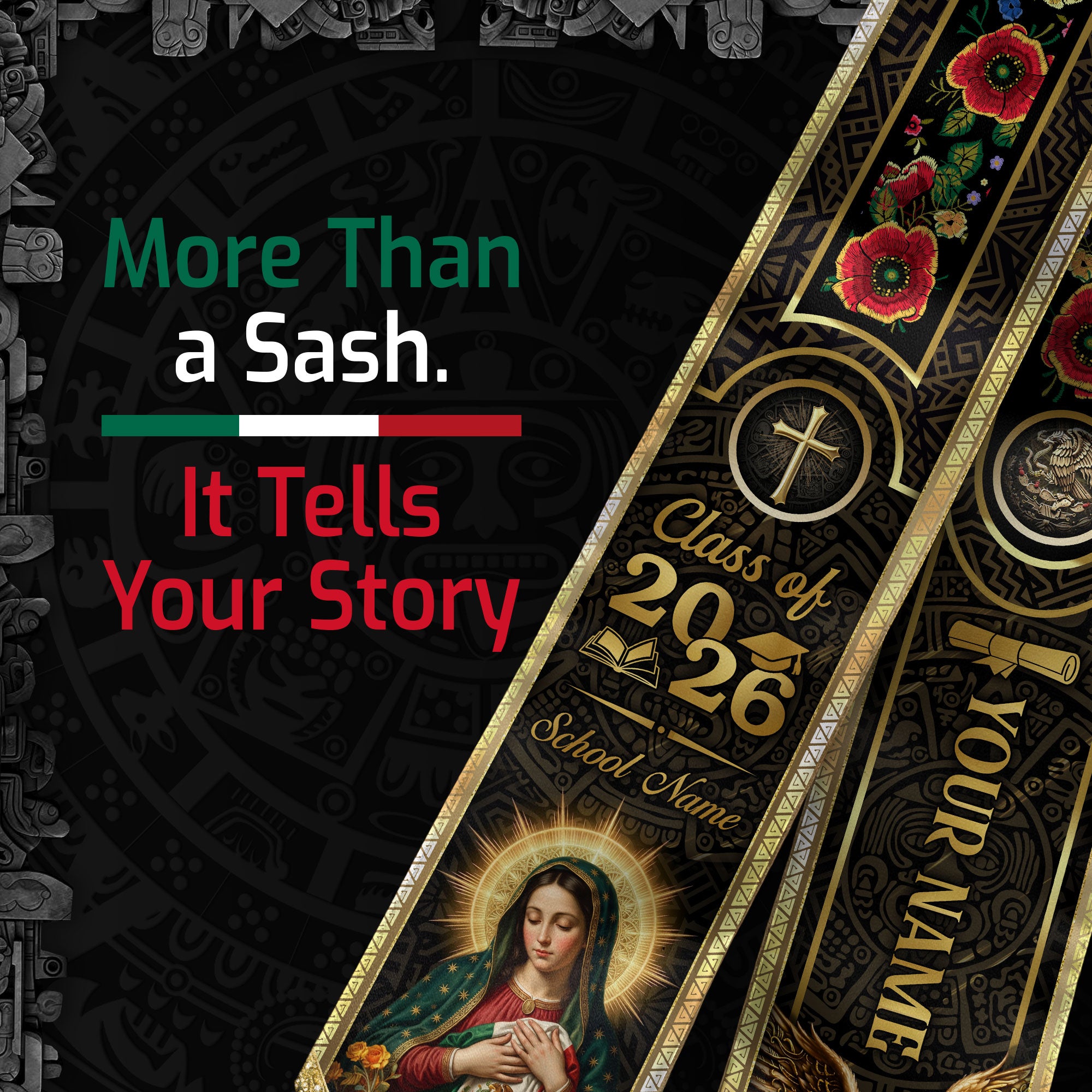 Custom Mexican Graduation Stole 2026 Catholic Virgin Mary Gold Luxury Name School Sash