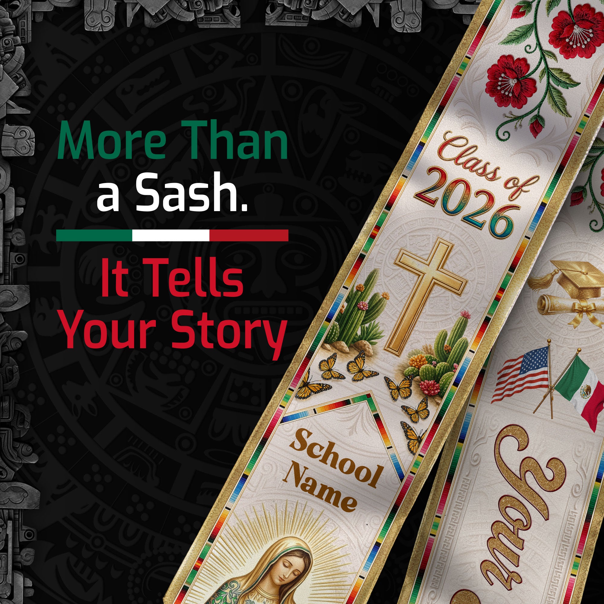 Mexican Heritage Graduation Stole 2026 - Custom Name School Virgin Mary Cross Floral Sash