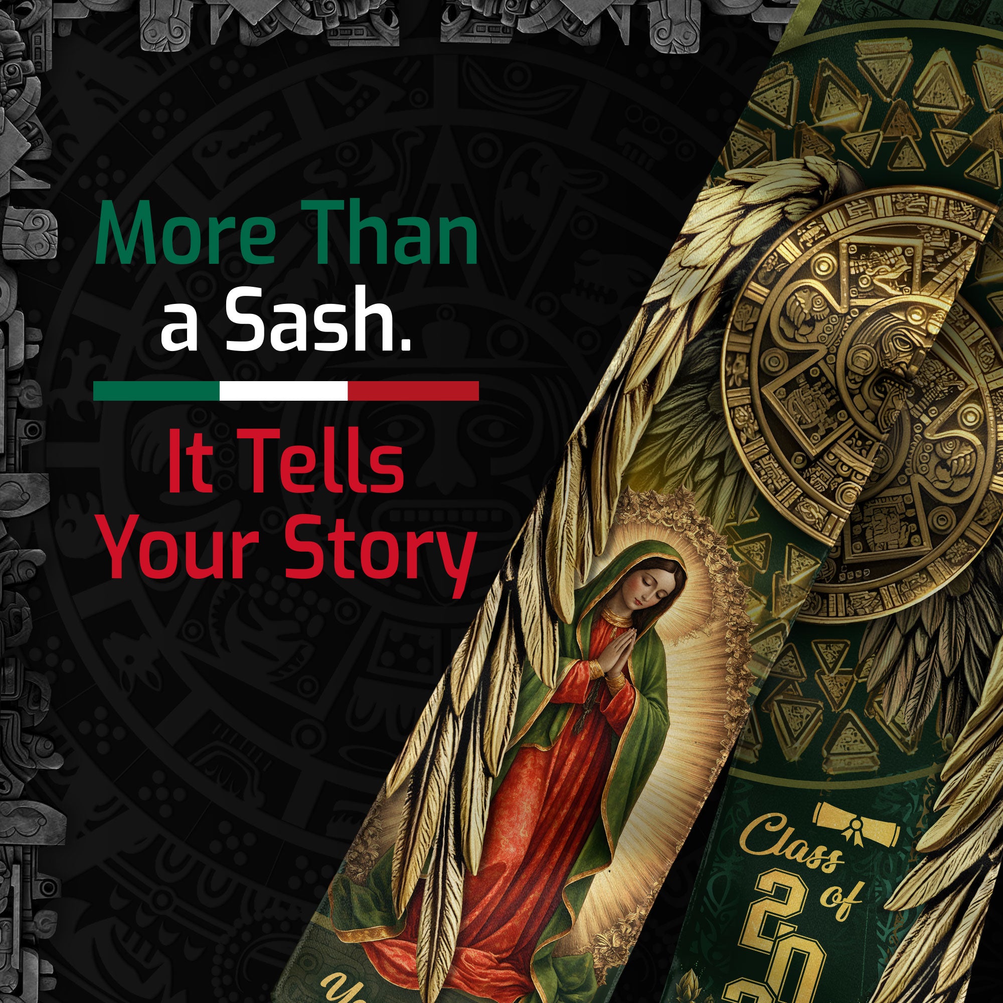Mexico Graduation Stole 2026 Virgin Mary Aztec Calendar Personalized Heritage Sash