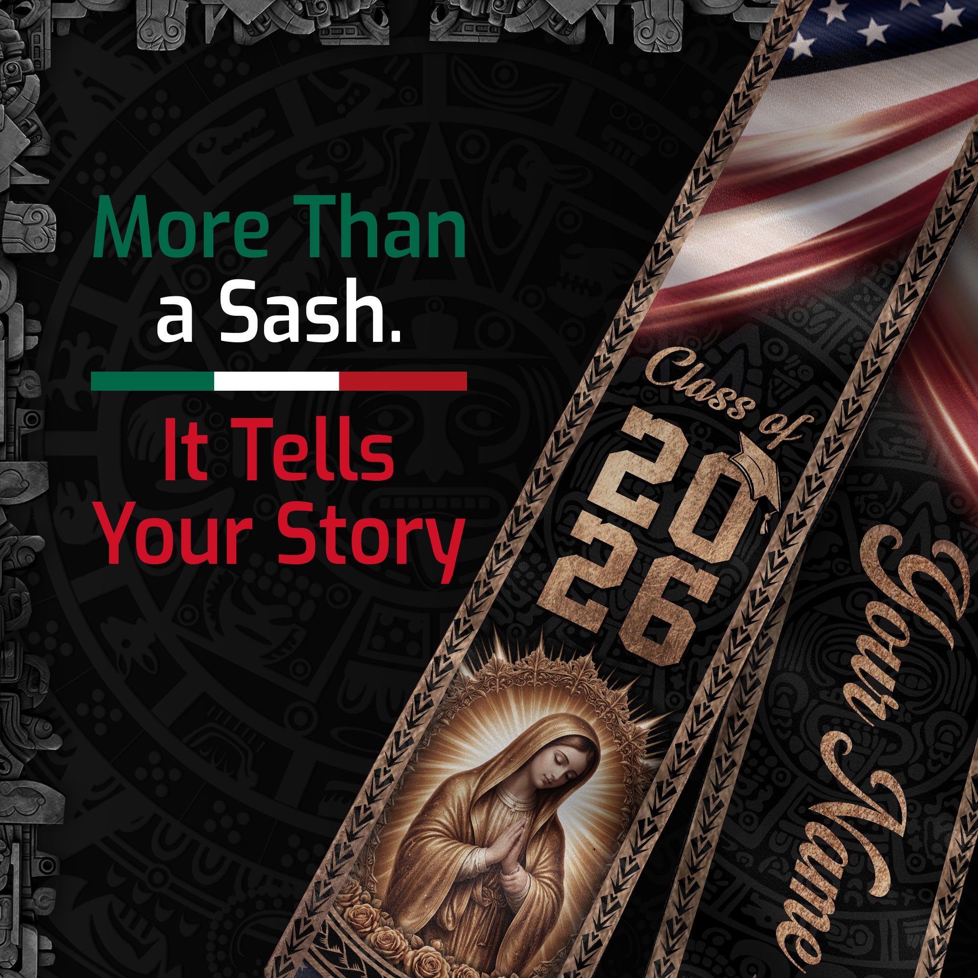 Mexico USA Flag Graduation Stole 2026 Virgin Mary Personalized Heritage Bronze Sash