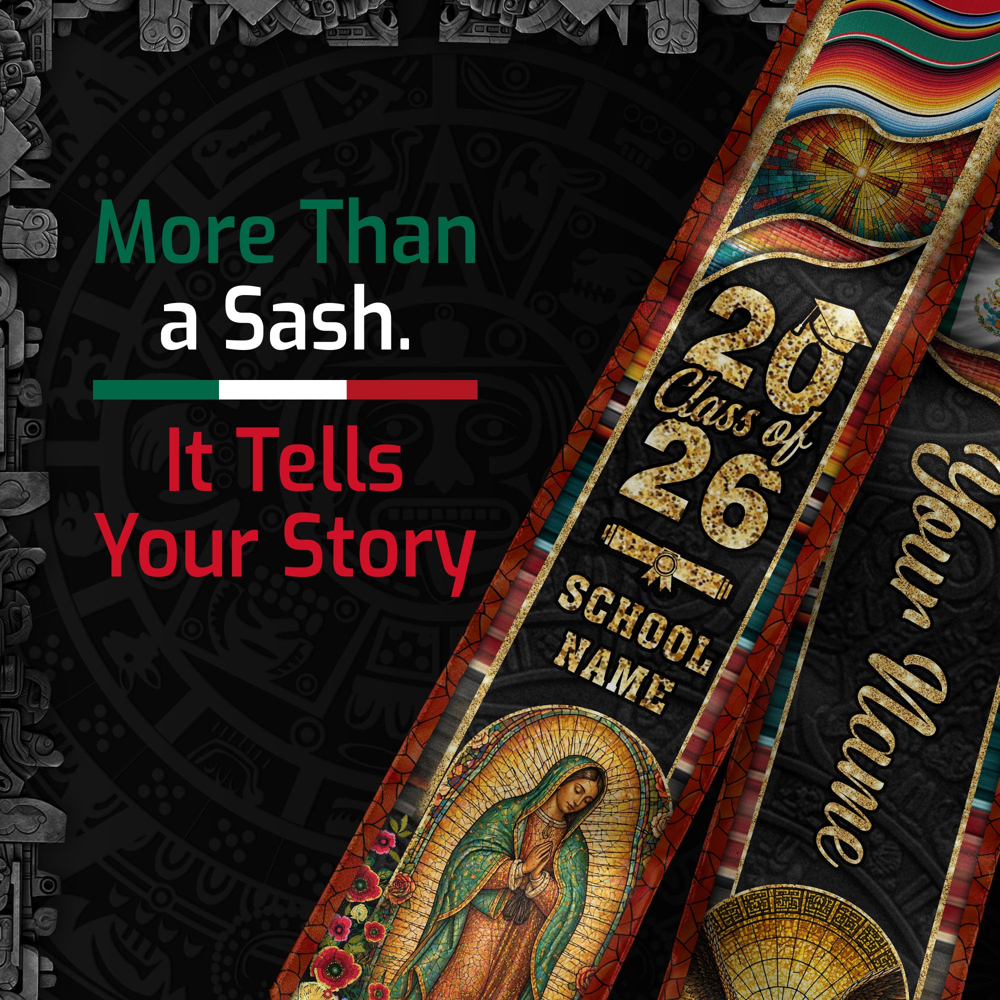 Mexico Graduation Stole 2026 Virgin Mary Eagle Serape Personalized Heritage Mosaic Sash