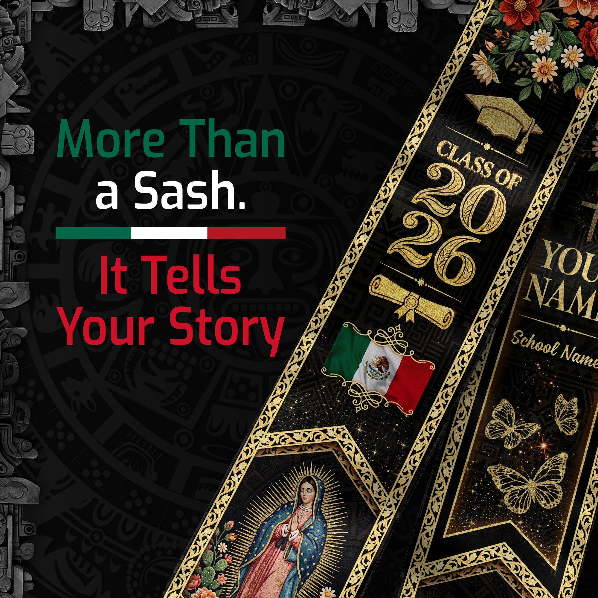 Custom Mexico Graduation Stole 2026 Tassels Virgin Mary Eagle Black Gold Sash
