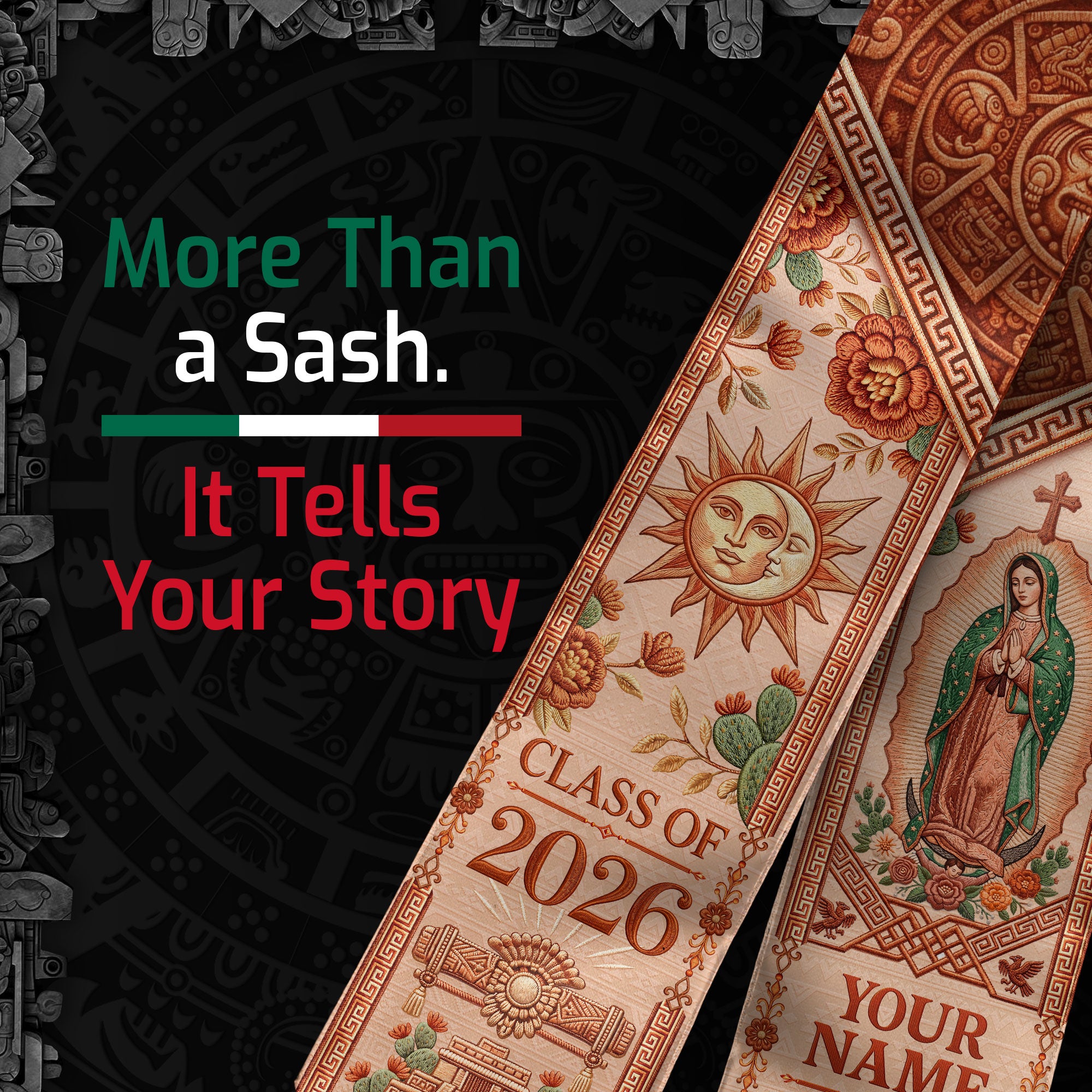 Personalized Mexico Graduation Stole 2026 Tassels Virgin Mary Terracotta Aztec Sash