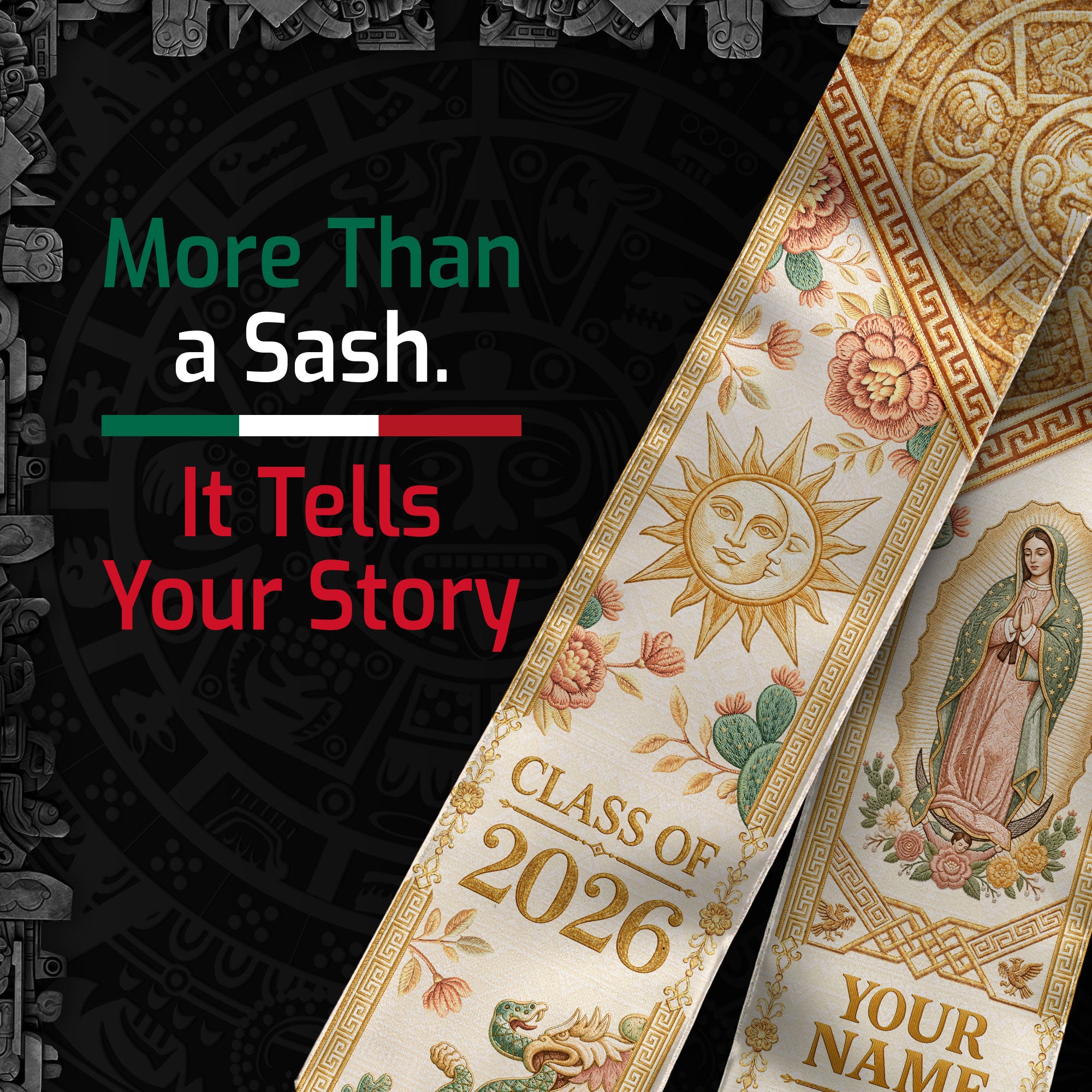 Custom Mexico Graduation Stole 2026 Tassels Virgin Mary Ivory Aztec Gold Sash