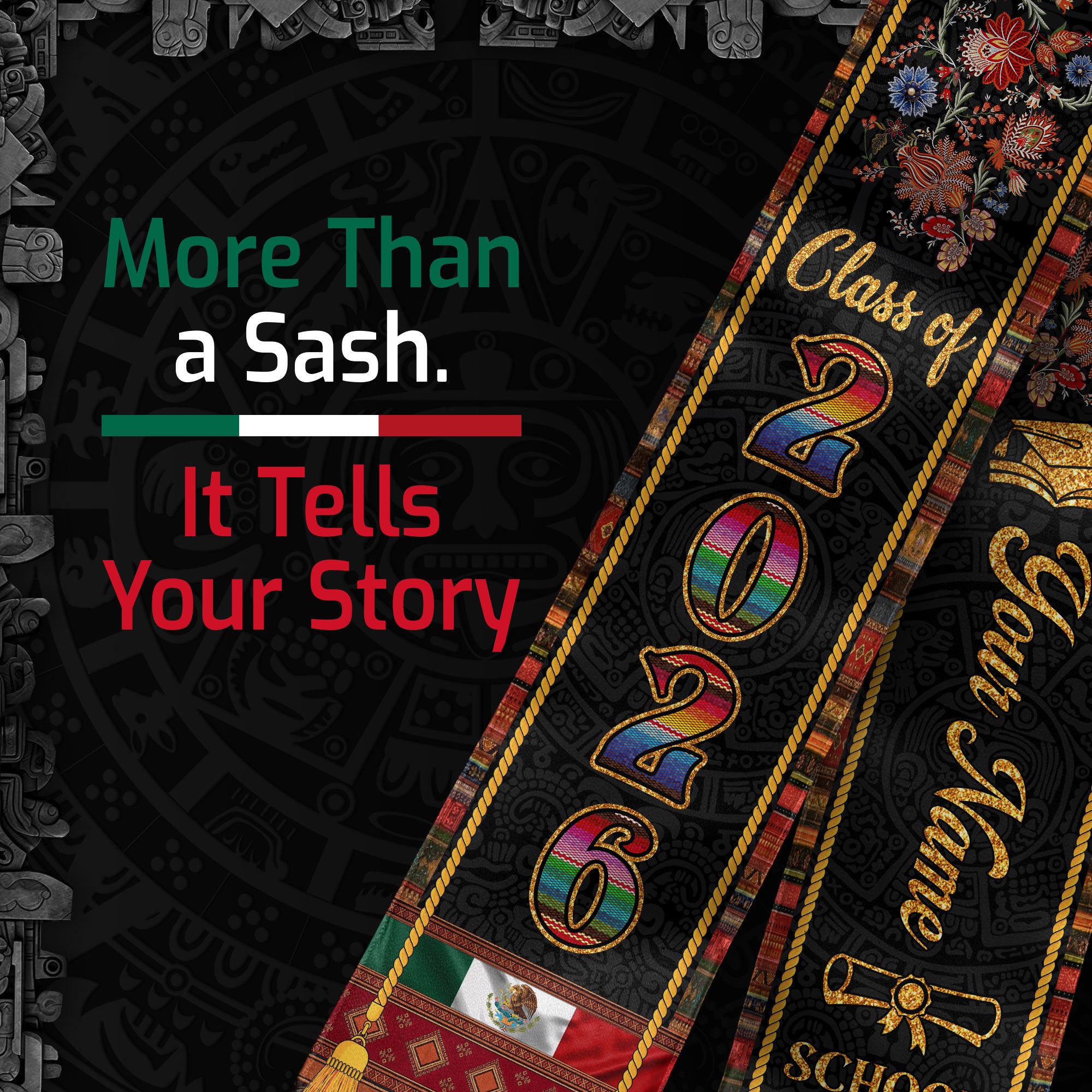 Custom Mexican American Grad Stole Class of 2026 Embroidered Style Graduation Sash