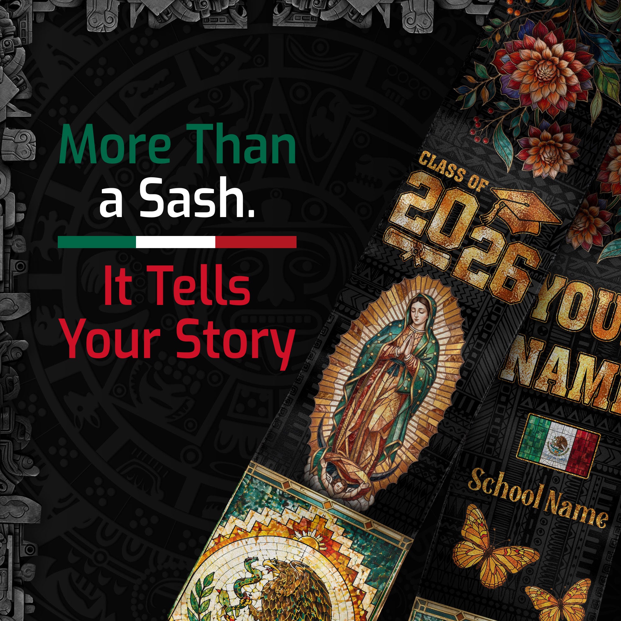Mexico Grad Stole Custom Name 2026 Virgen De Guadalupe Mexican Senior Sash
