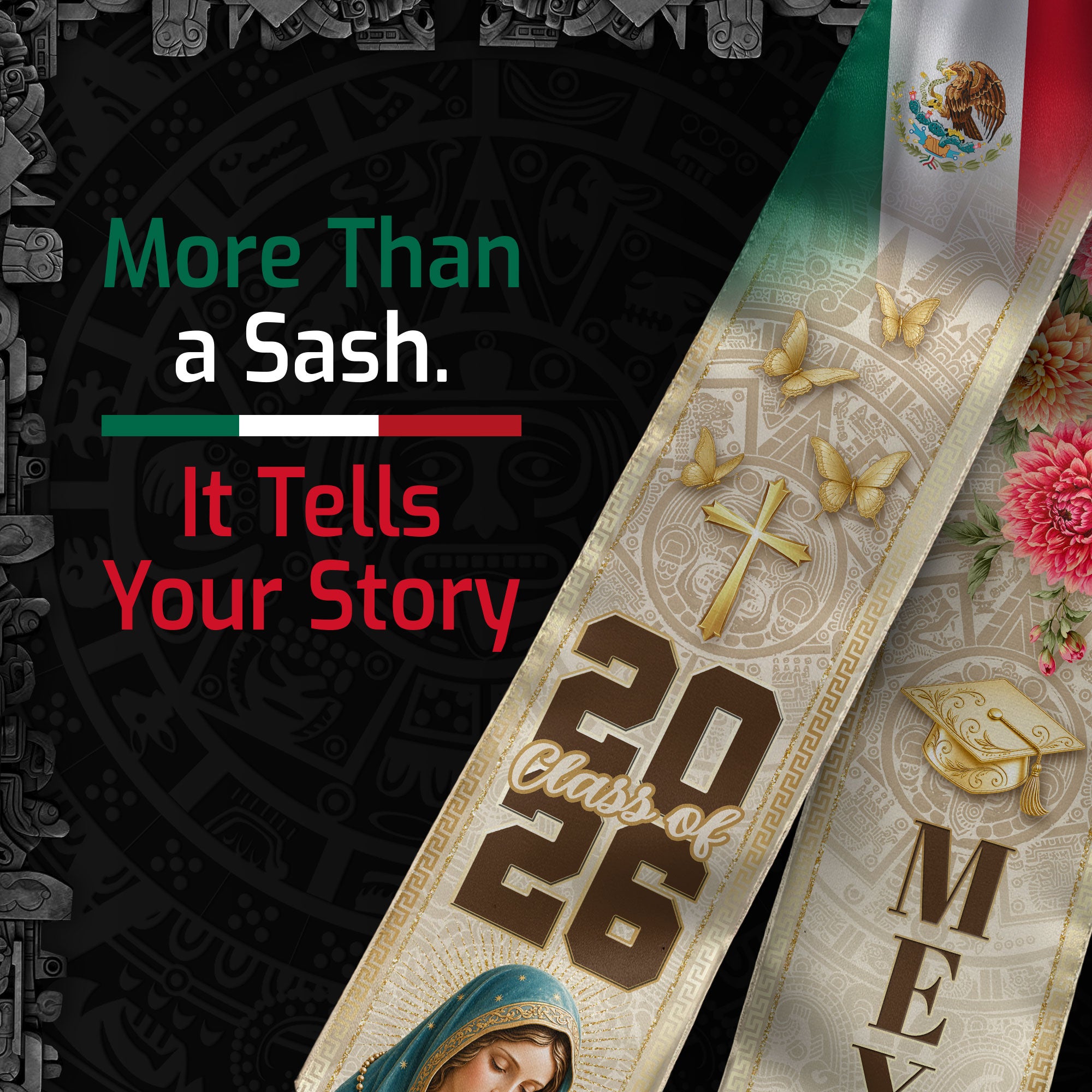 Mexico Graduation Stole Class of 2026 Virgin Mary Cross Cream Floral Dahlia Mexican Flag