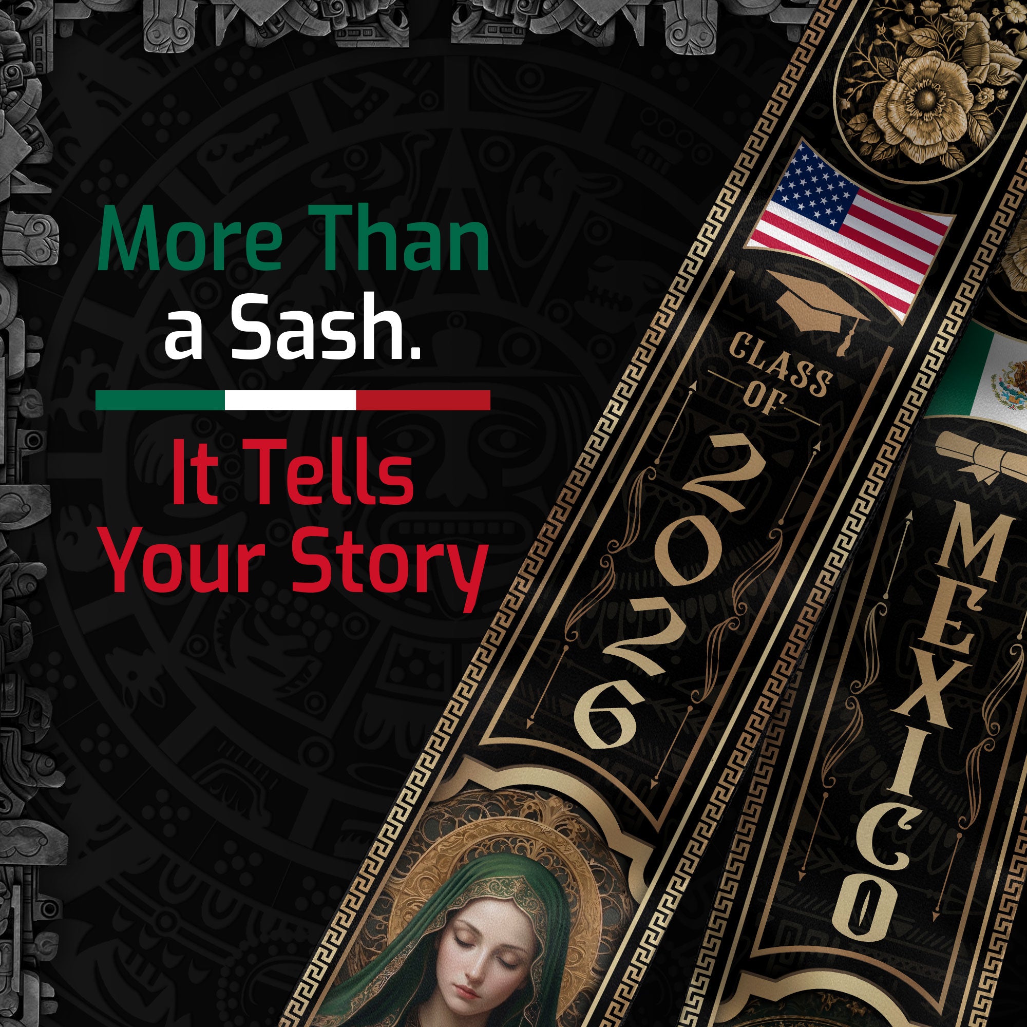 Mexico Graduation Stole Class of 2026 Virgin Mary Cross Gold Black Mexican USA Flag Sash
