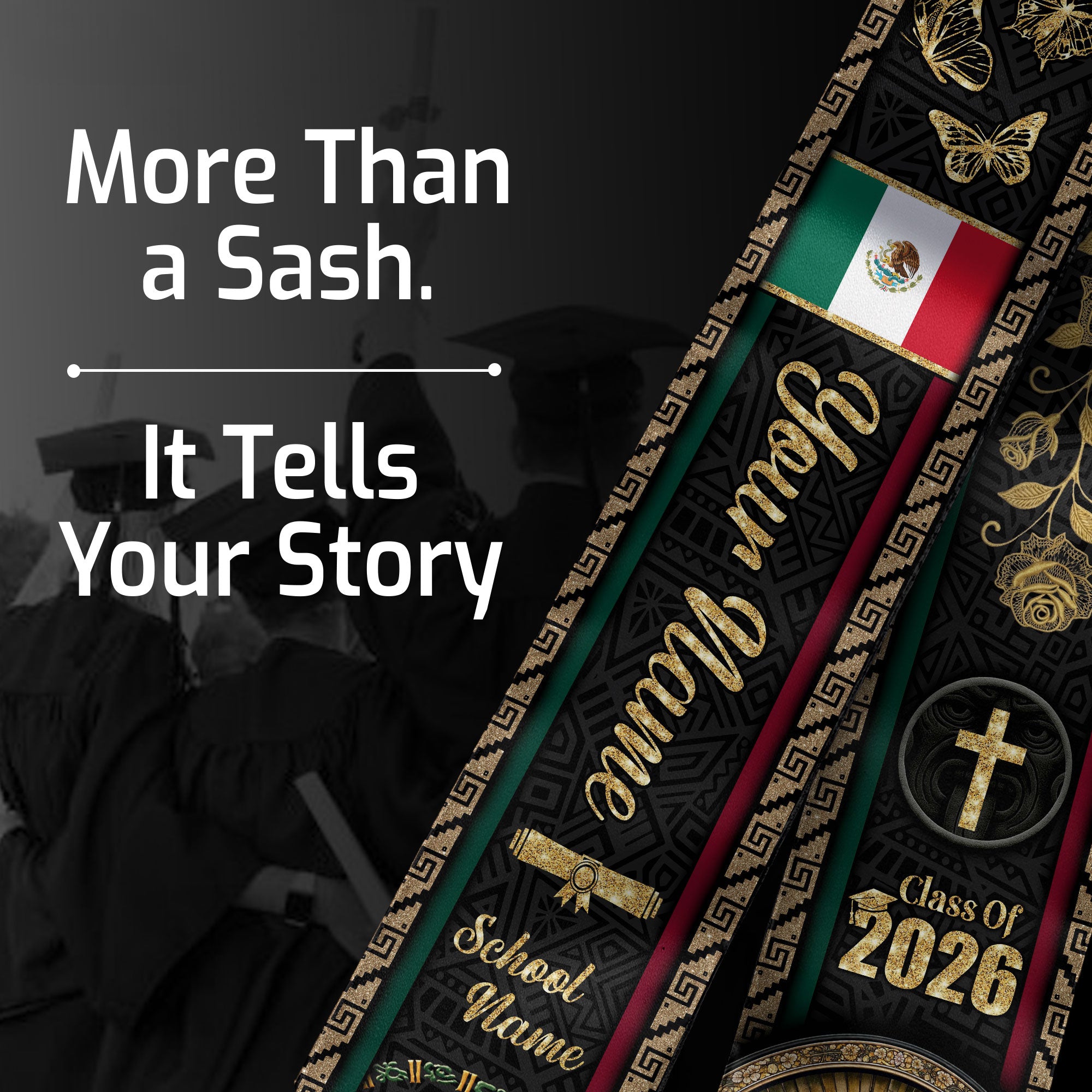 Mexico Graduation Stole 2026 - Personalized Virgin Mary Rose Butterfly Gold Sash