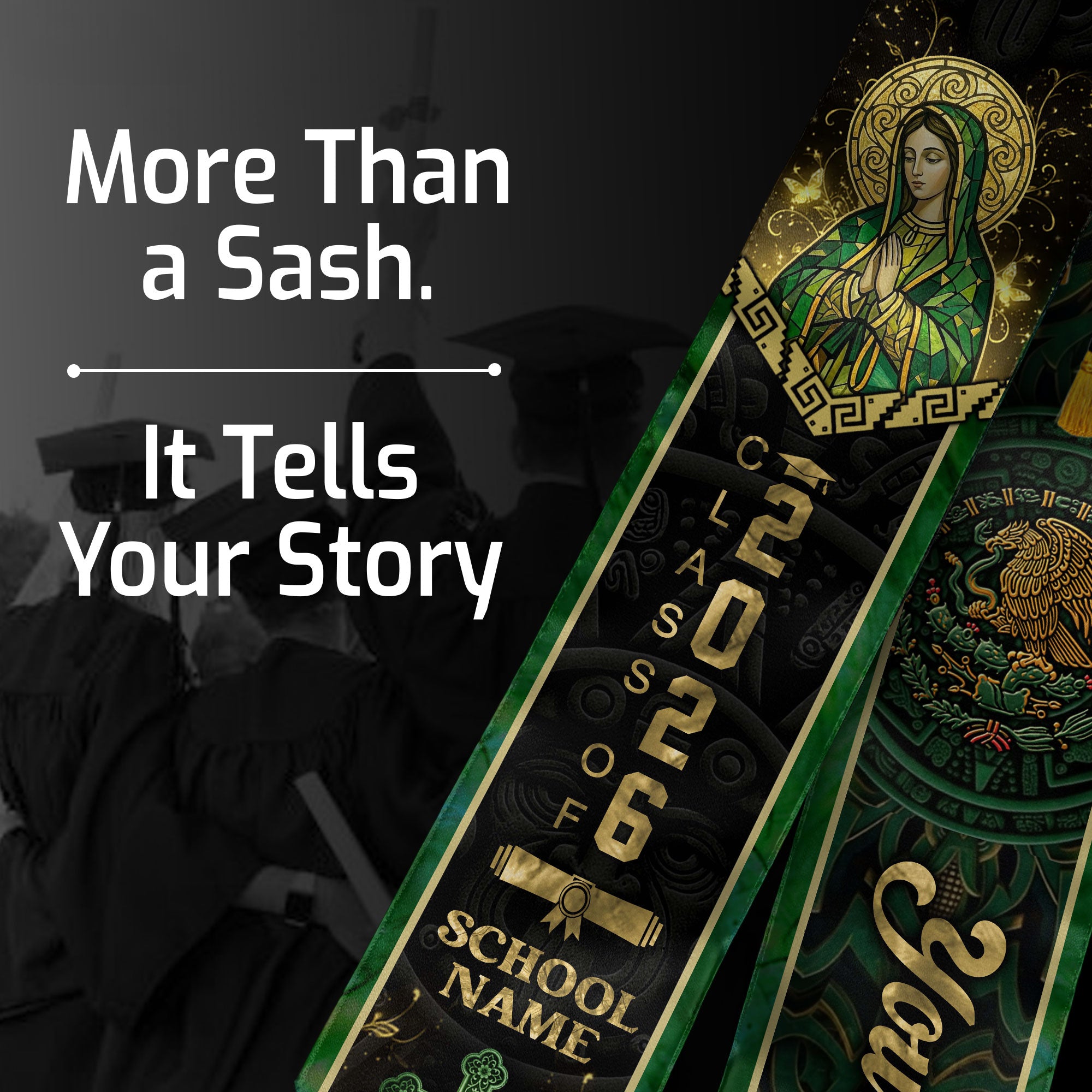 Mexican Heritage Graduation Stole 2026 - Custom Name Green Gold Virgin Mary Cross Sash