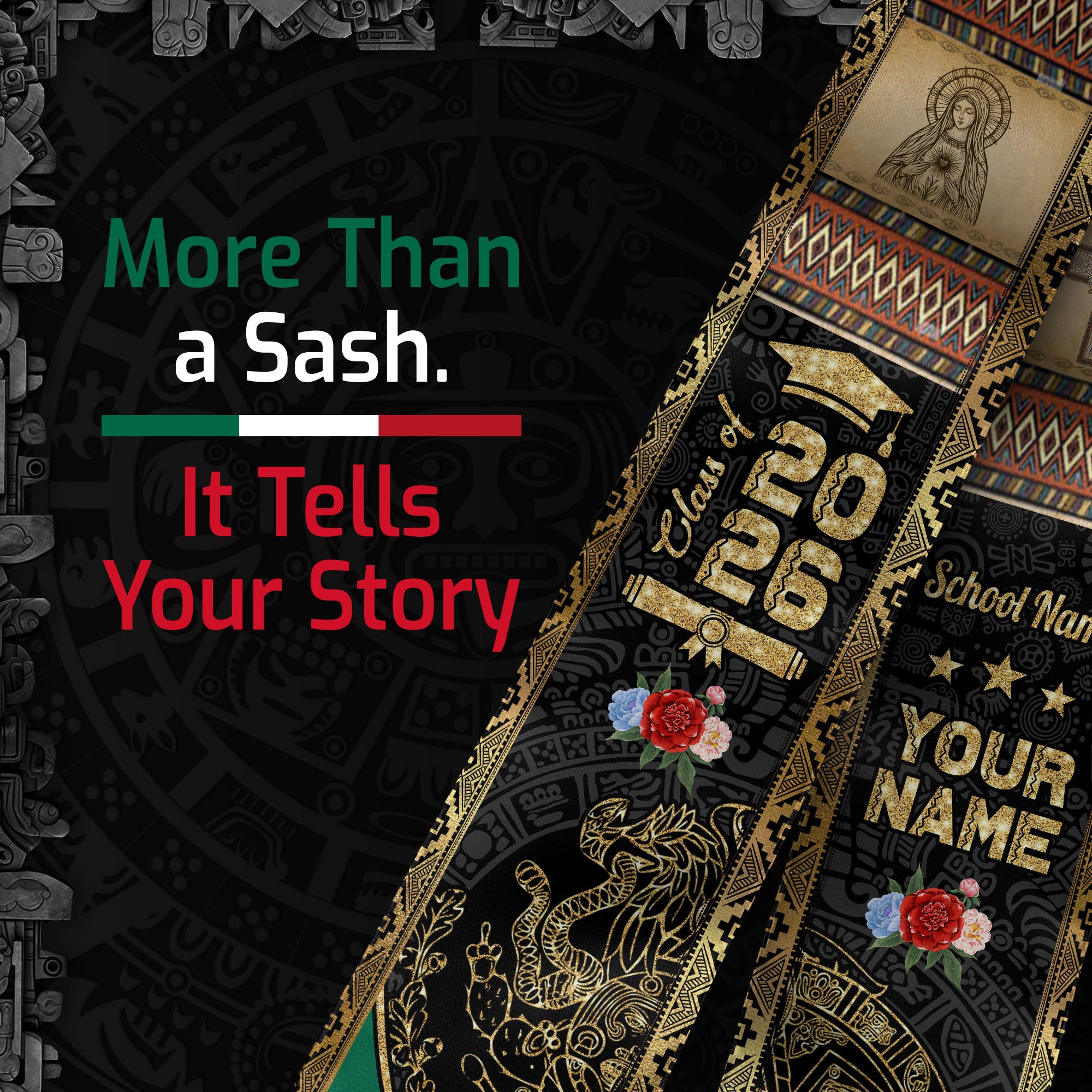Mexico Graduation Stole 2026 Aztec Calendar Virgin Mary Personalized Sash Gift