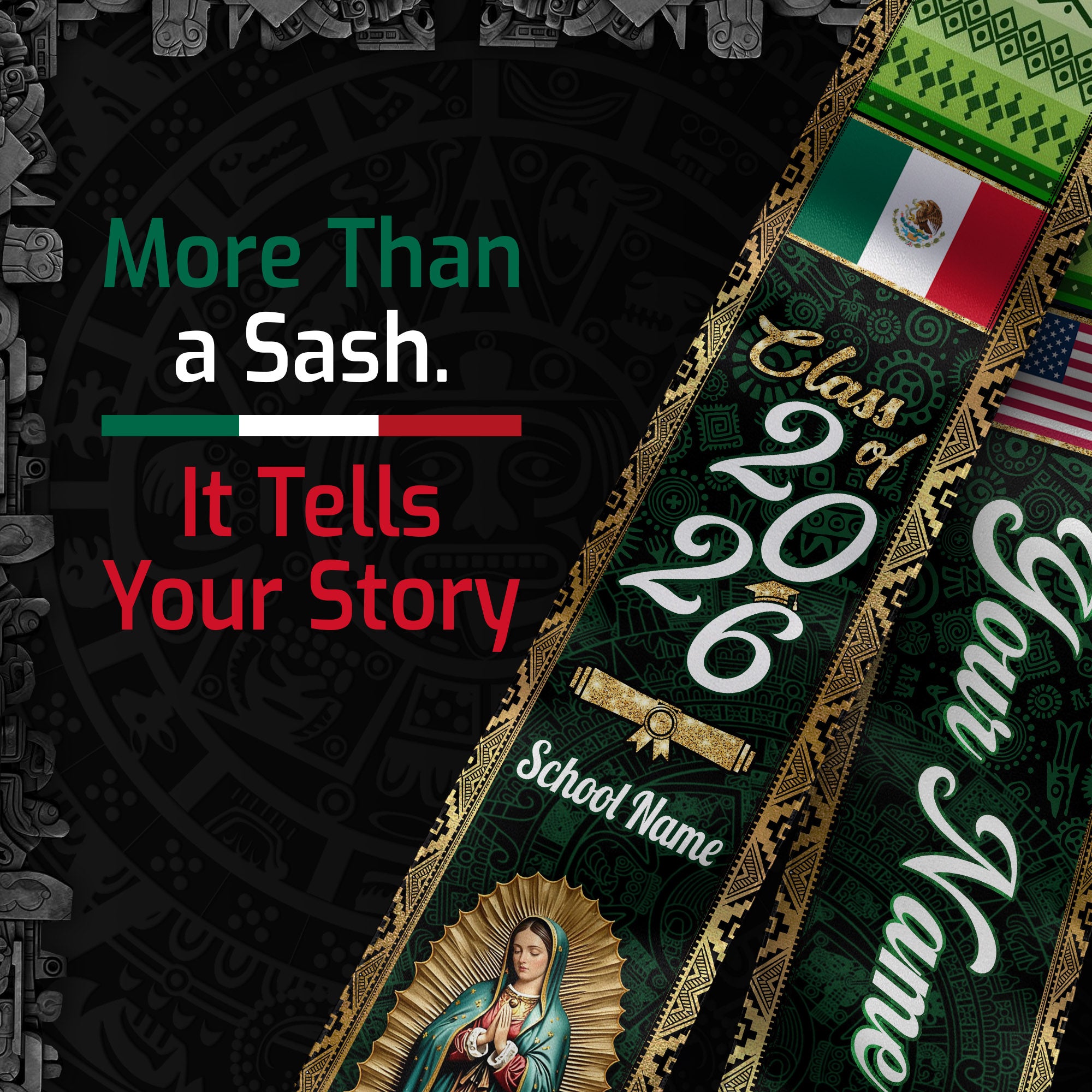 Mexico Graduation Stole 2026 Emerald Green Virgin Mary Personalized Mexican Sash