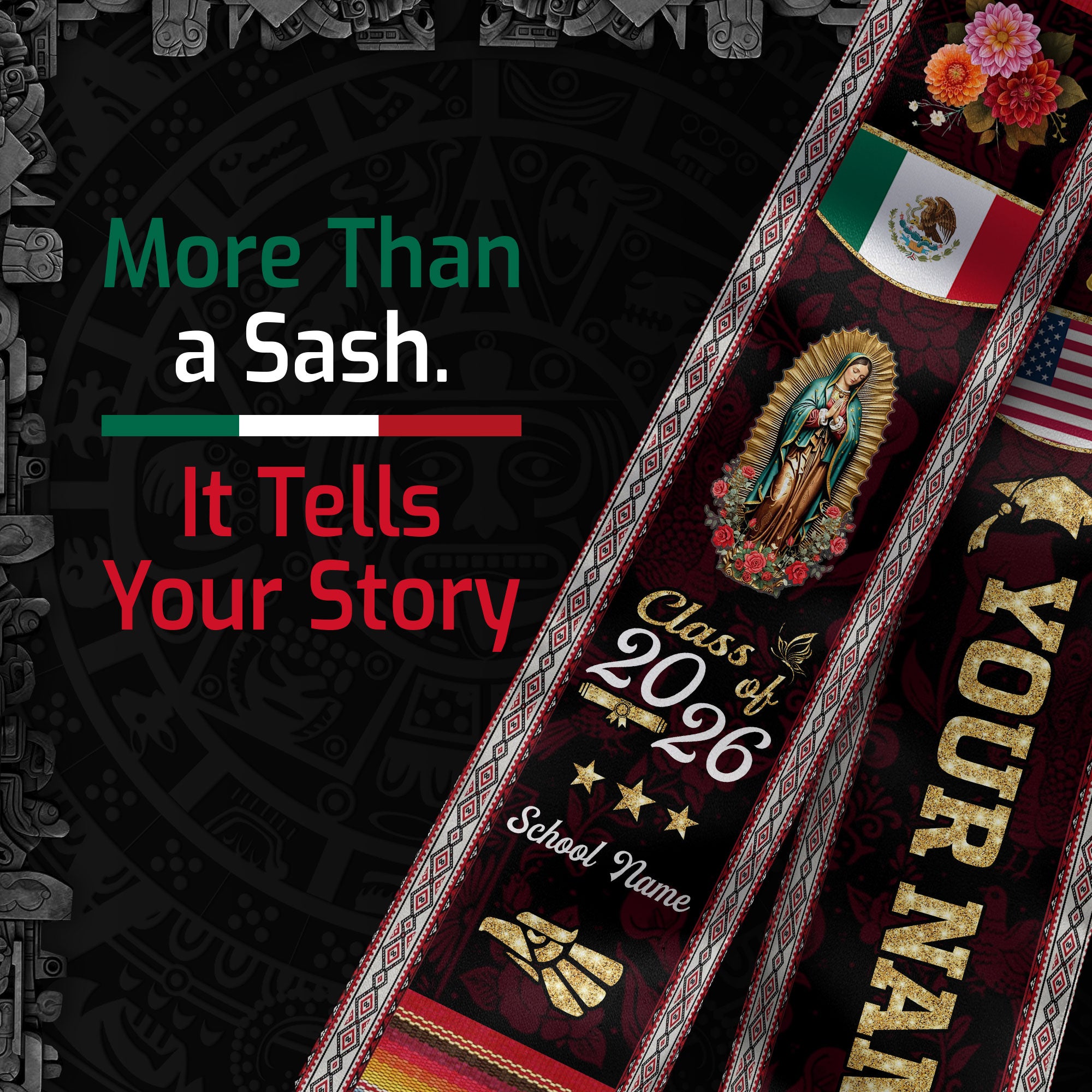 Mexico USA Flag Graduation Stole 2026 Custom Burgundy Guadalupe Mexican Sash