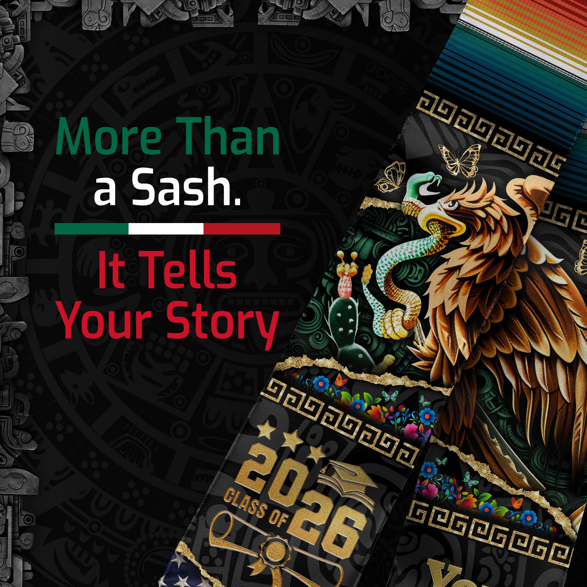 Custom Aztec Eagle Mexico Graduation Stole Tassel Class of 2026 Mexican American Sash
