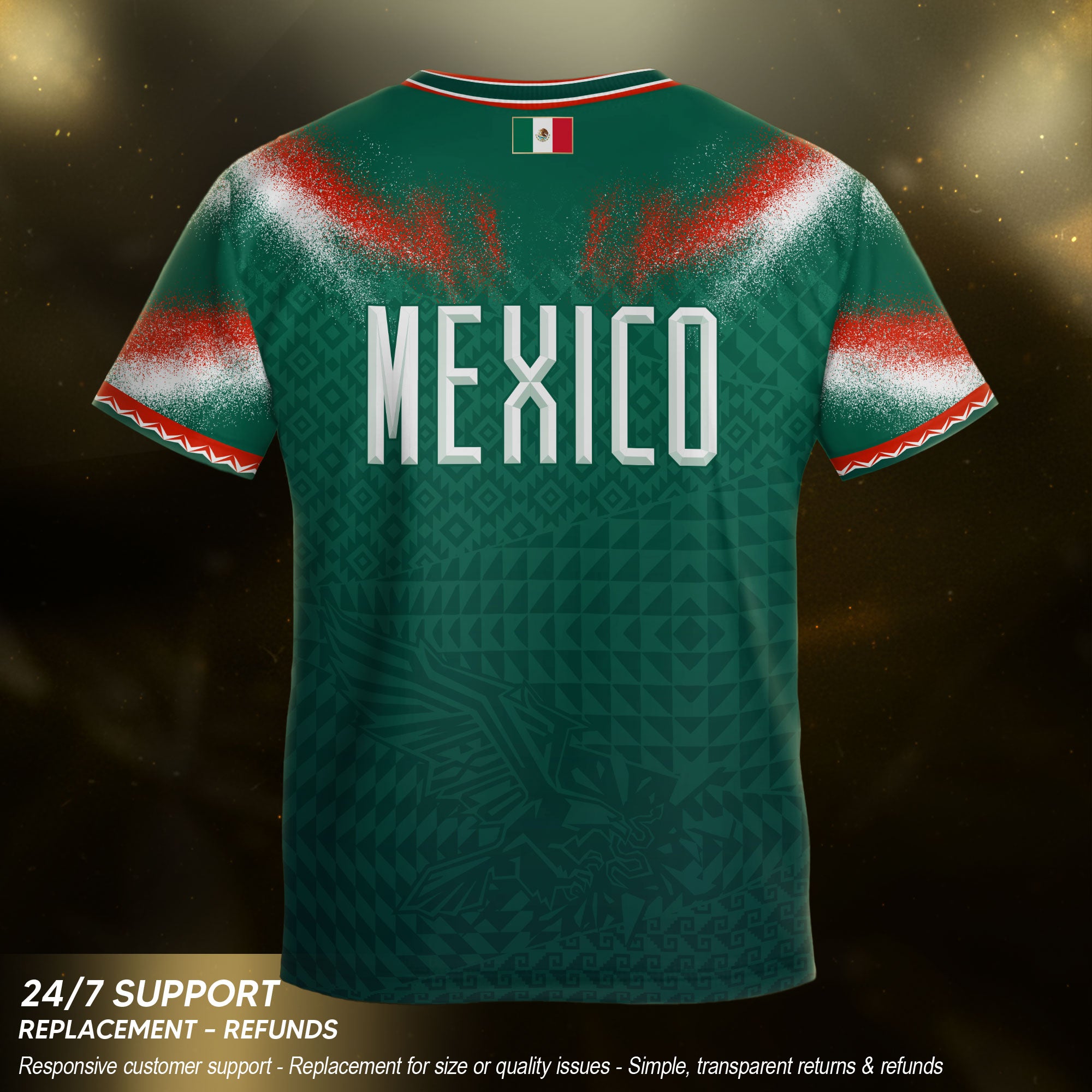 Mexico Soccer Jersey Kids Aztec Pattern Tricolor Green Youth Football Shirt Fan Tee