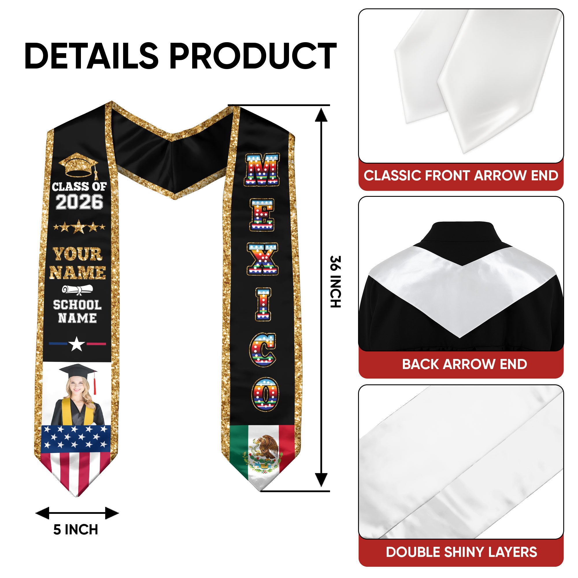 Custom Photo Mexican Graduation Sash 2026, Personalized Mexico Stole for Graduate