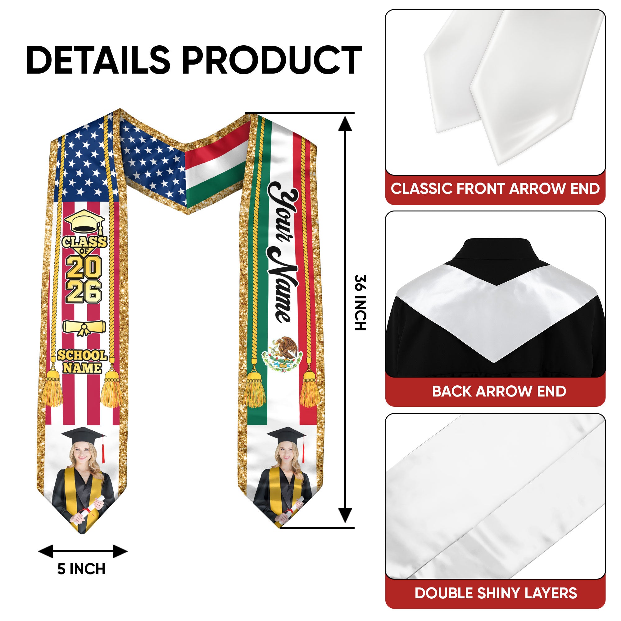 Personalized Mexican Sash 2026 for Graduation, Custom Photo Mexico Stole for Graduate