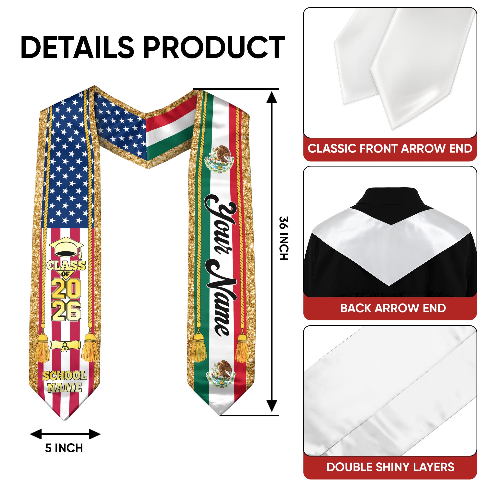 Custom Mexico Graduation Stole 2026, Personalized Mexican Sash for Graduate