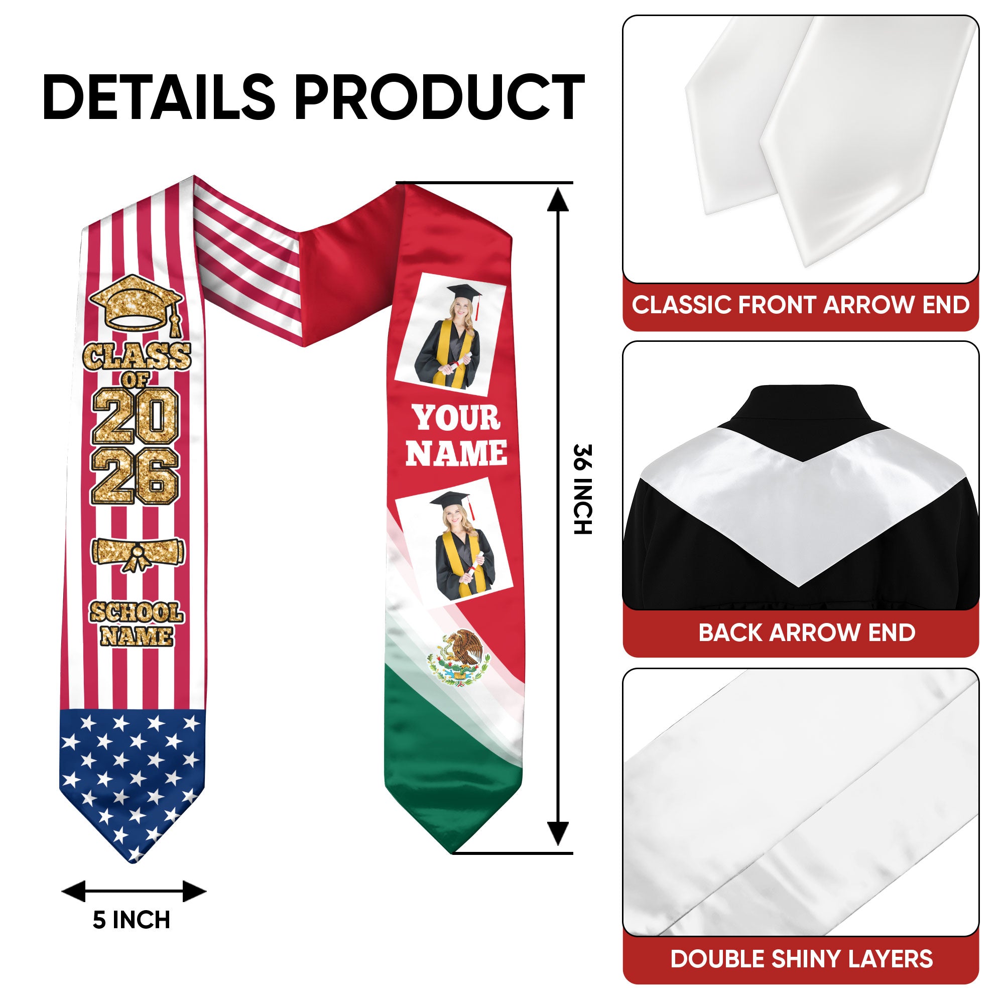 Custom Mexican Graduation Sash 2026 for Graduate, Personalized Mexico Stole with Photo