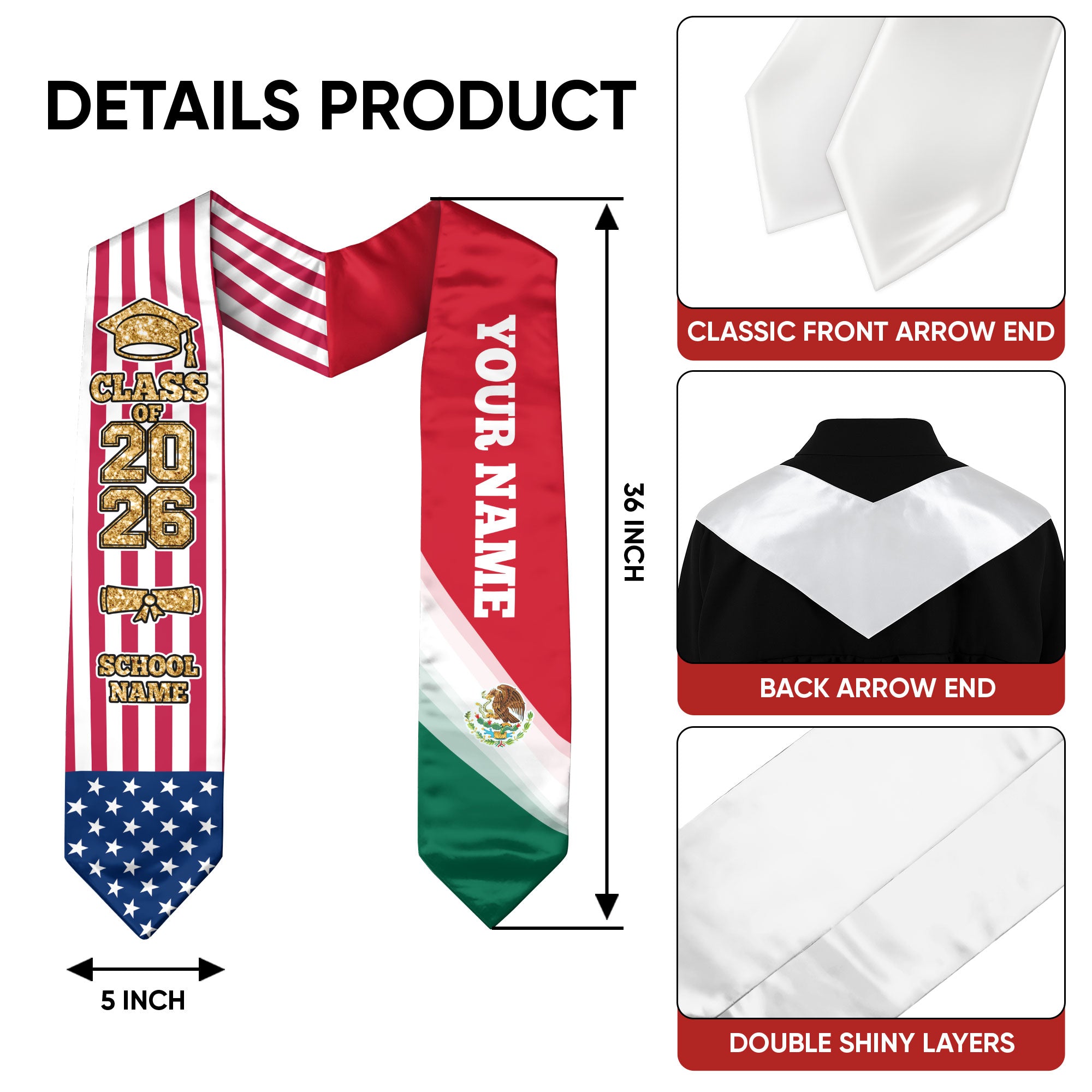Custom Personalized Mexico Sash 2026, Mexican Graduate Stole for Graduation