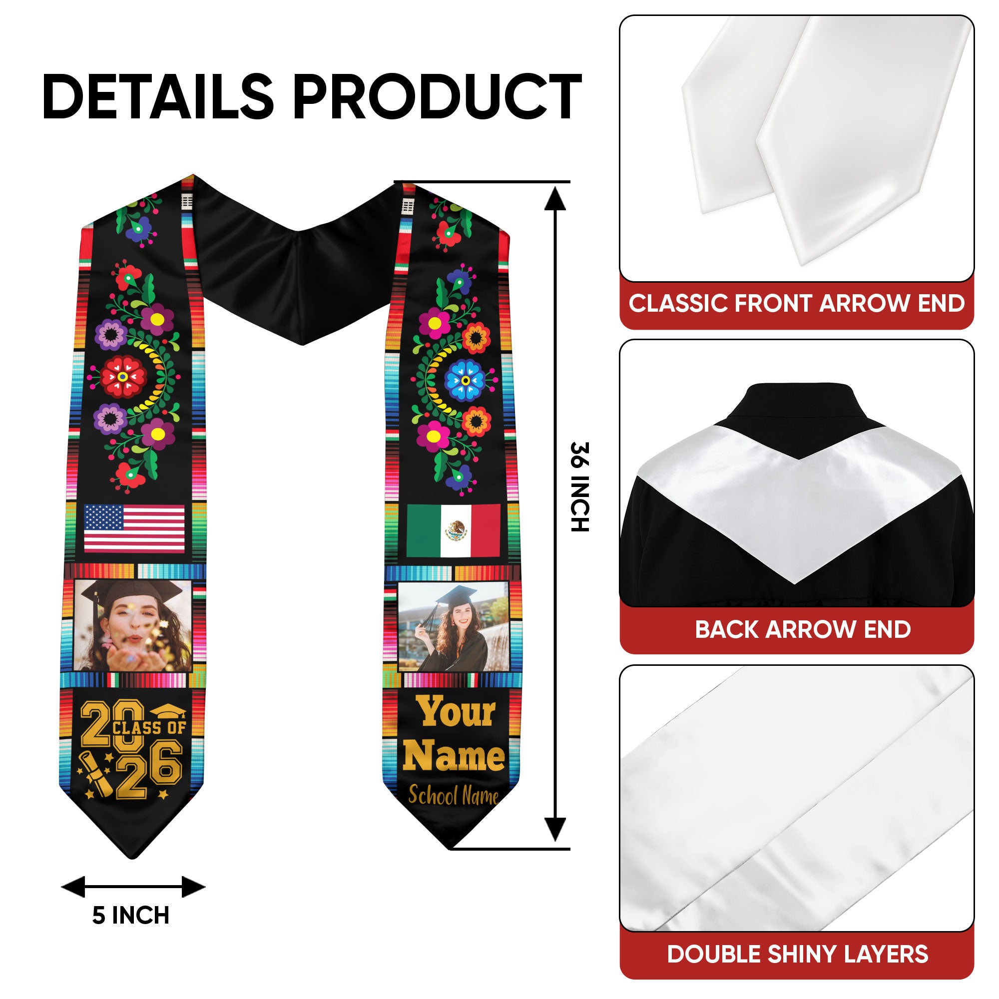 Personalized Mexico Graduation Sash 2026, Custom Photo Mexican Stole for Graduate