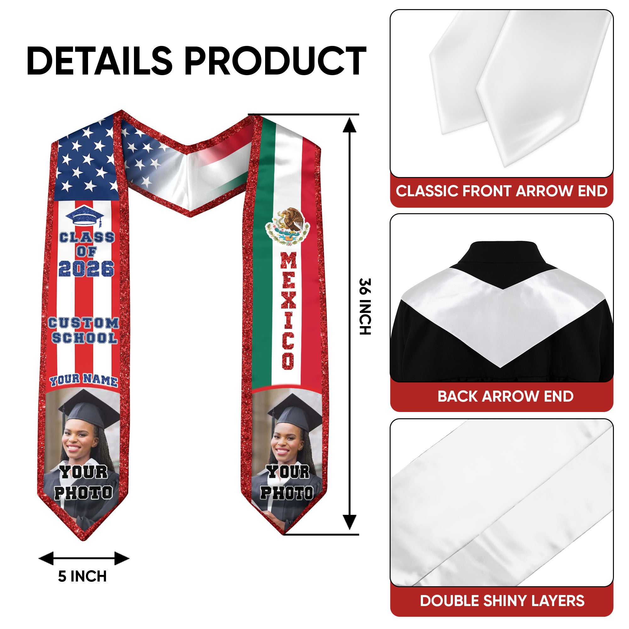 Custom Mexican Graduation Stole 2026 USA Mexico Flag Photo Class Cap School Name