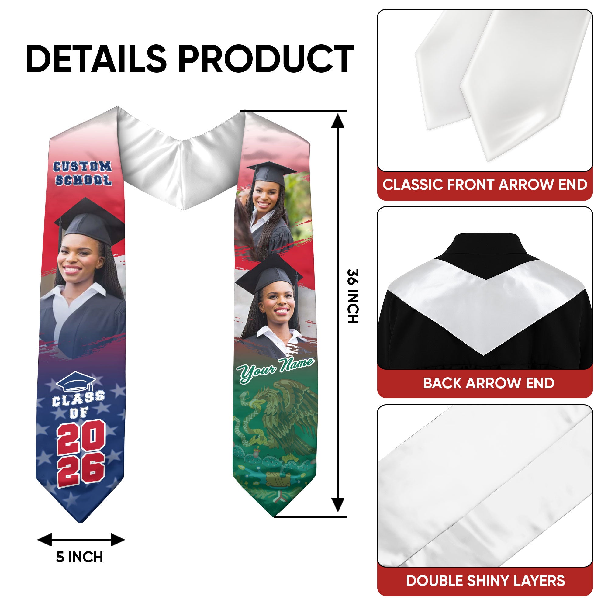 Custom Mexican Graduation Stole 2026 Mexico USA Flag Photo Graduation Sash