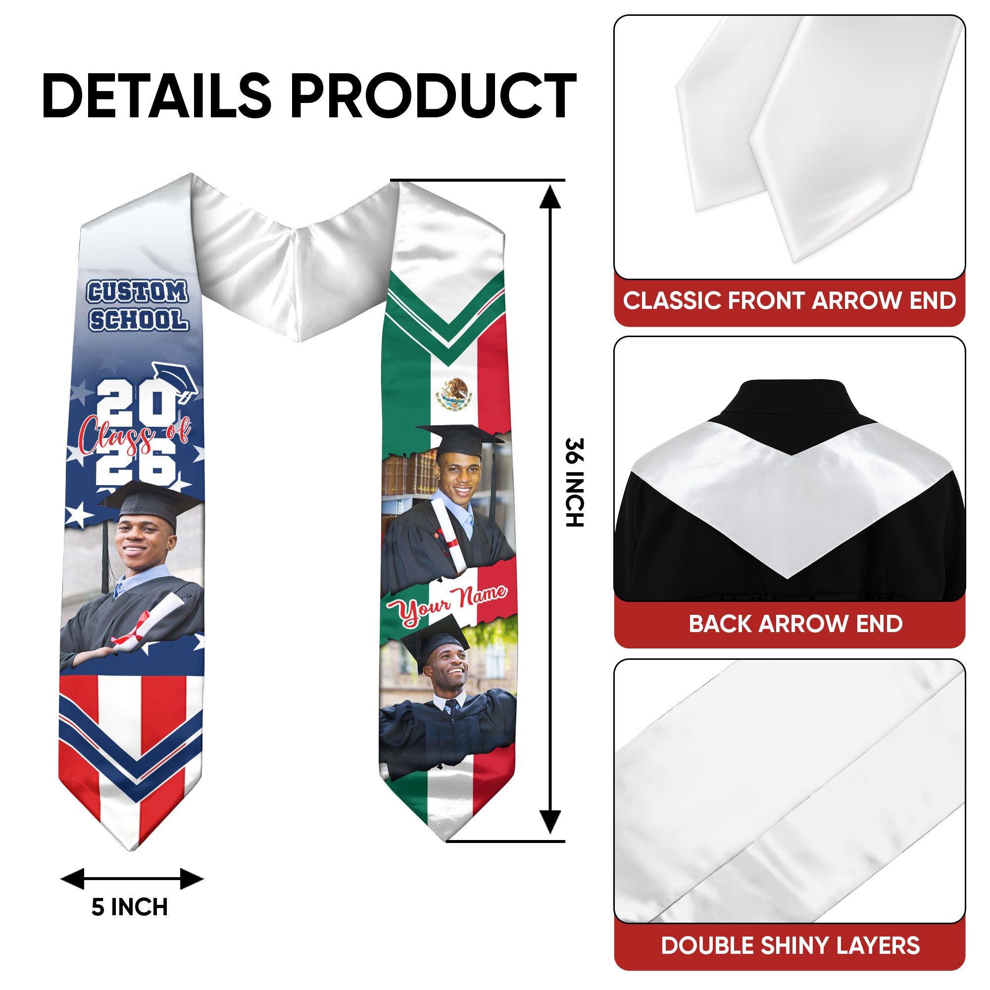 Custom Mexican Graduation Stole 2026 USA Flag Mexico Flag Photo Class School