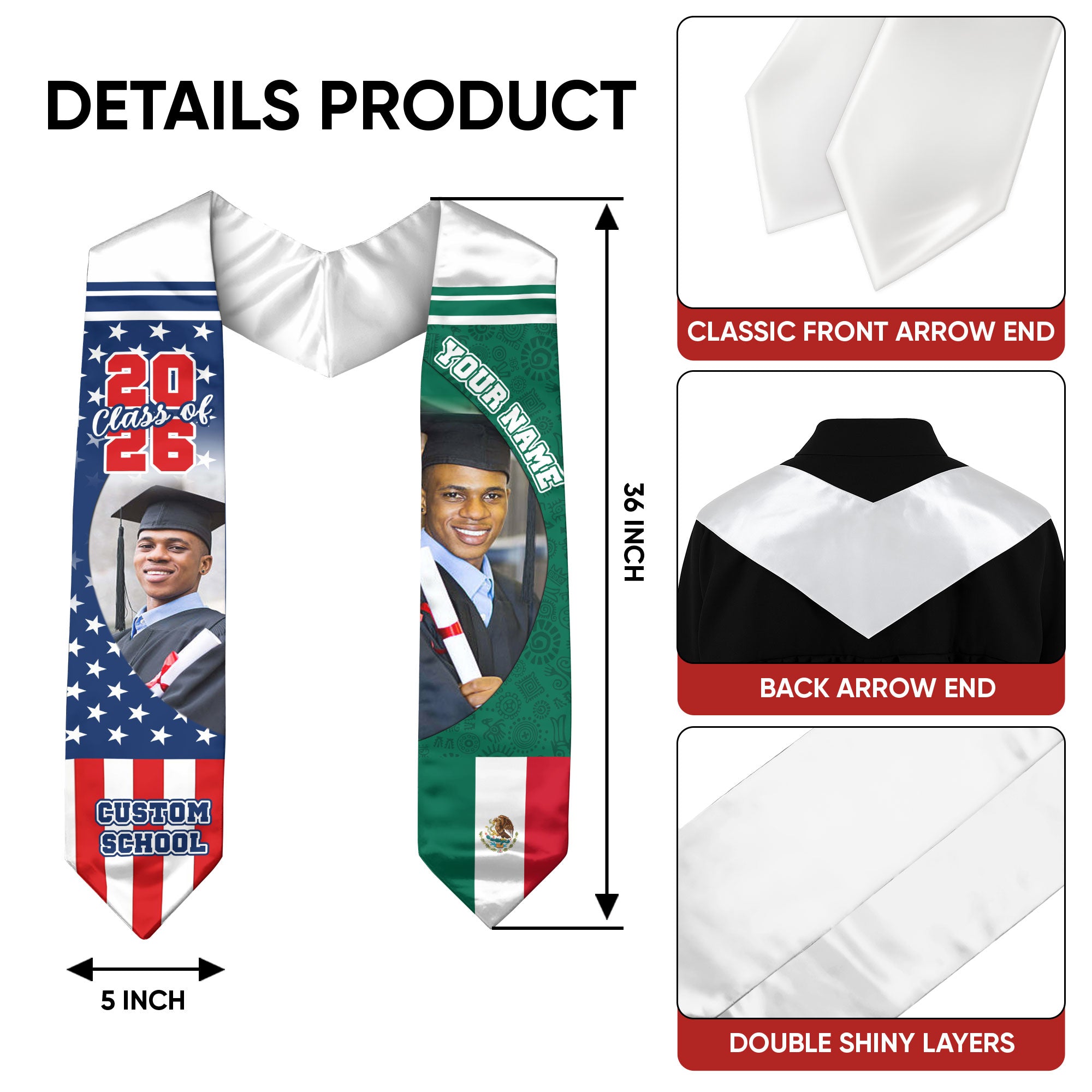 Custom Mexican Graduation Stole 2026 Mexico Flag USA Stars Photo Name School